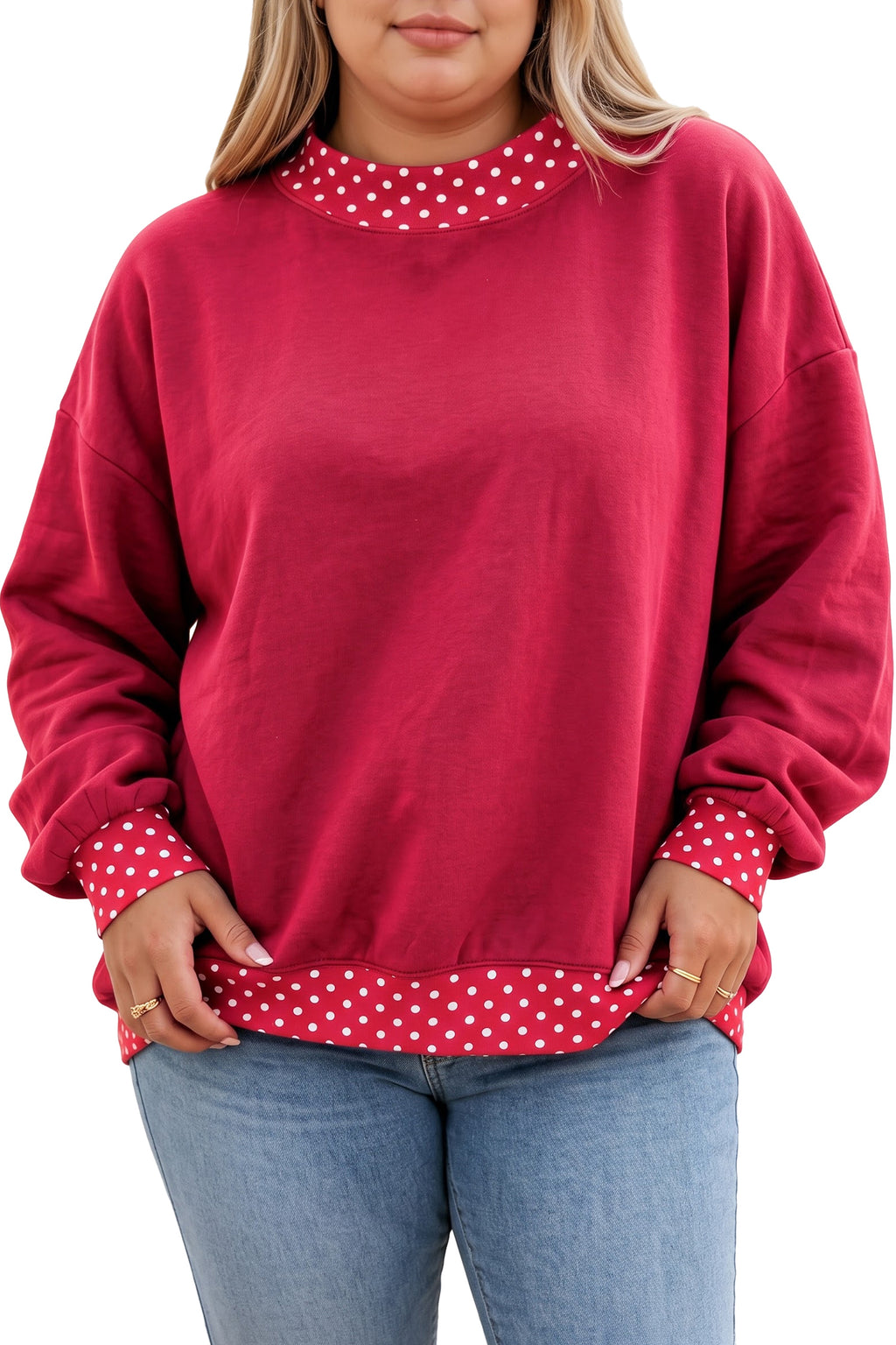 Brown Polka Dot Patchwork Round Neck Plus Size Sweatshirt PREORDER ETA 3 WEEKS