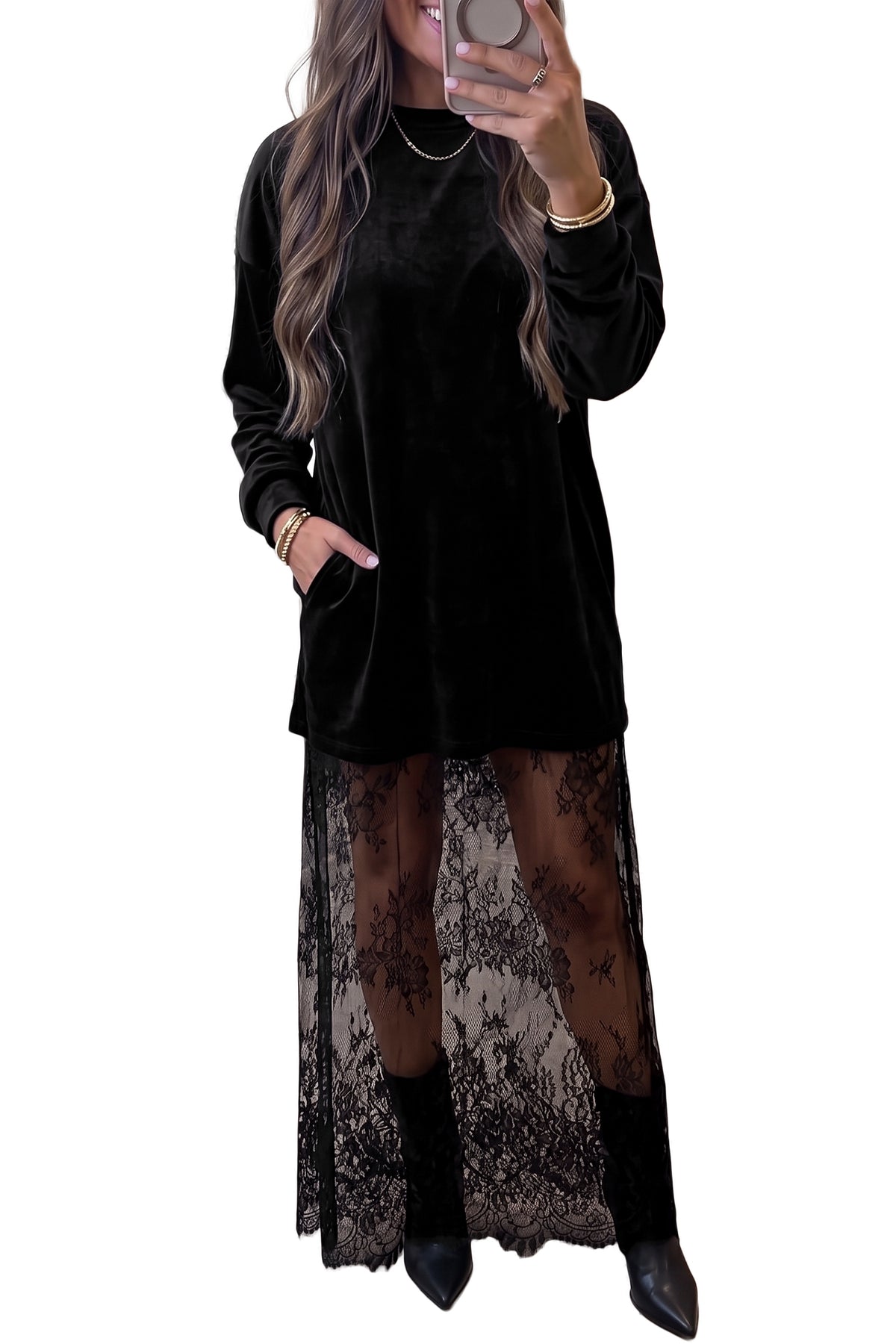 Blackish Green Velvet Long Sleeve Lace Splicing Hem Shift Maxi Dress PREORDER ETA 3 WEEKS