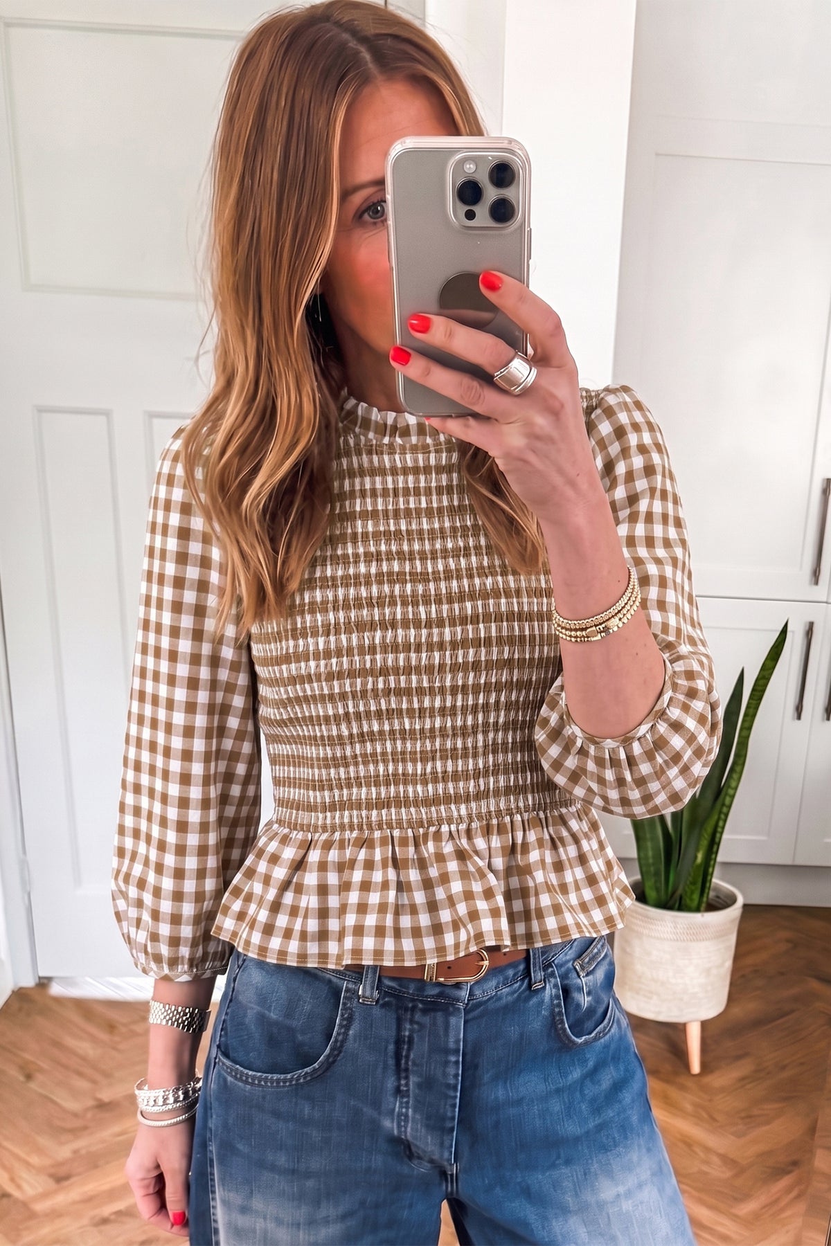 Brown 3/4 Sleeve Shirred Plaid Peplum Top PREORDER ETA 3 WEEKS