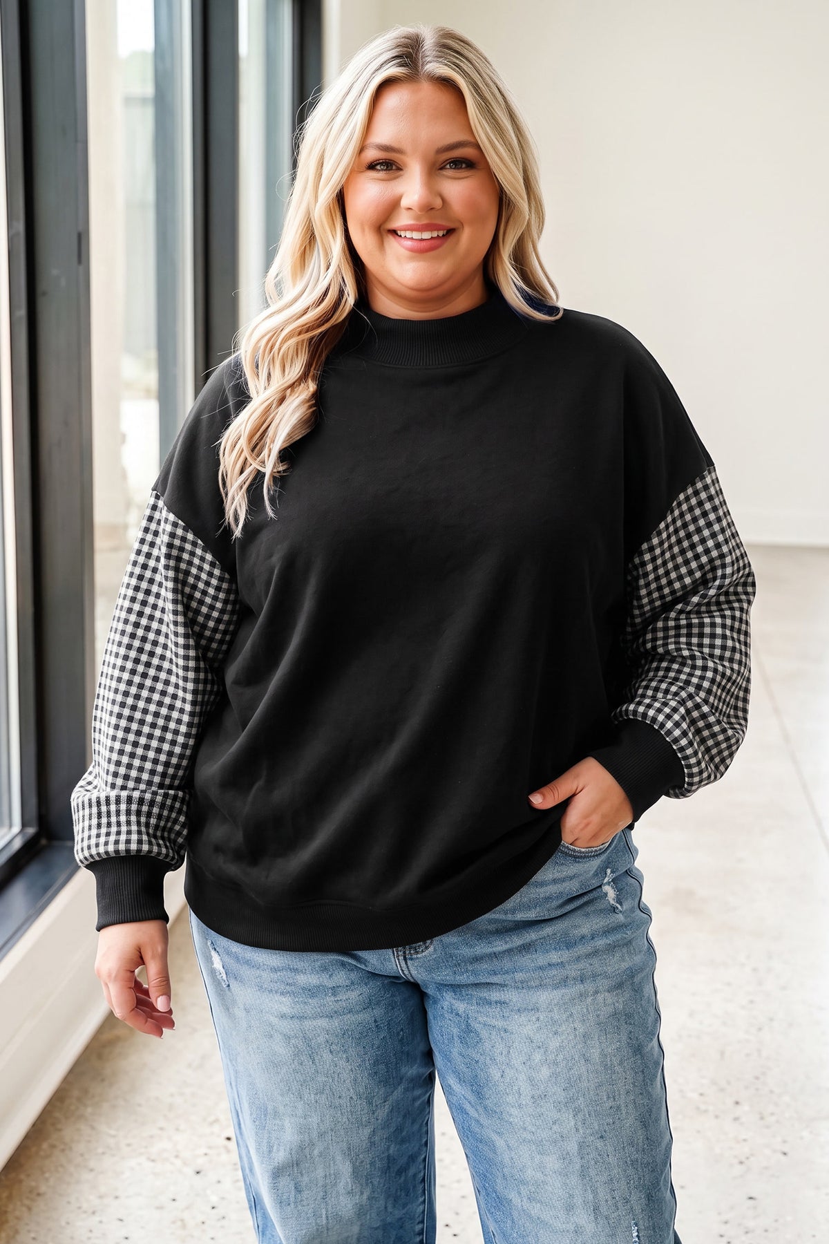 Black Patchwork Plaid Loose Fit Long Sleeve Plus Size Sweatshirt PREORDER ETA 3 WEEKS