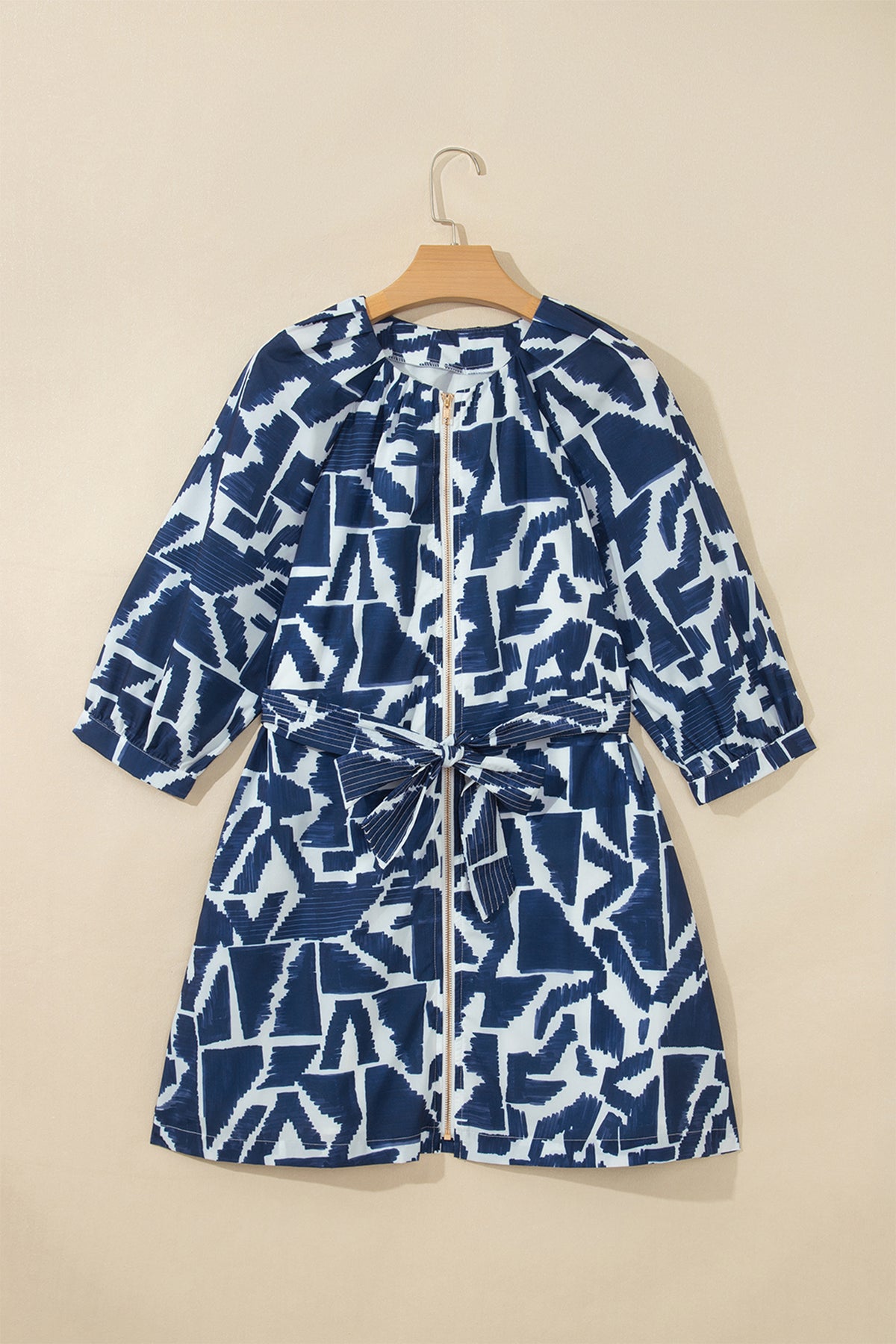Blue Abstract Geometric Print Zip Front Tie Waist Shift Dress PREORDER ETA 3 WEEKS