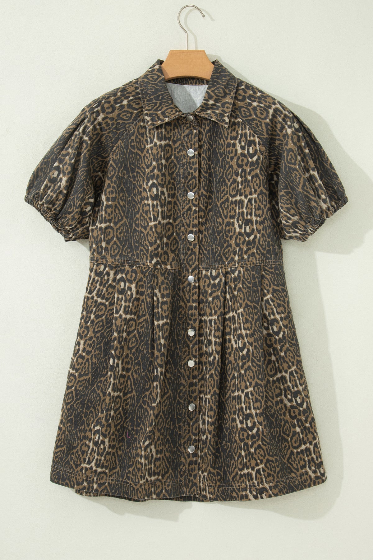 Gray Leopard Print Short Sleeve Pleated Denim Mini Dress PREORDER ETA 3 WEEKS