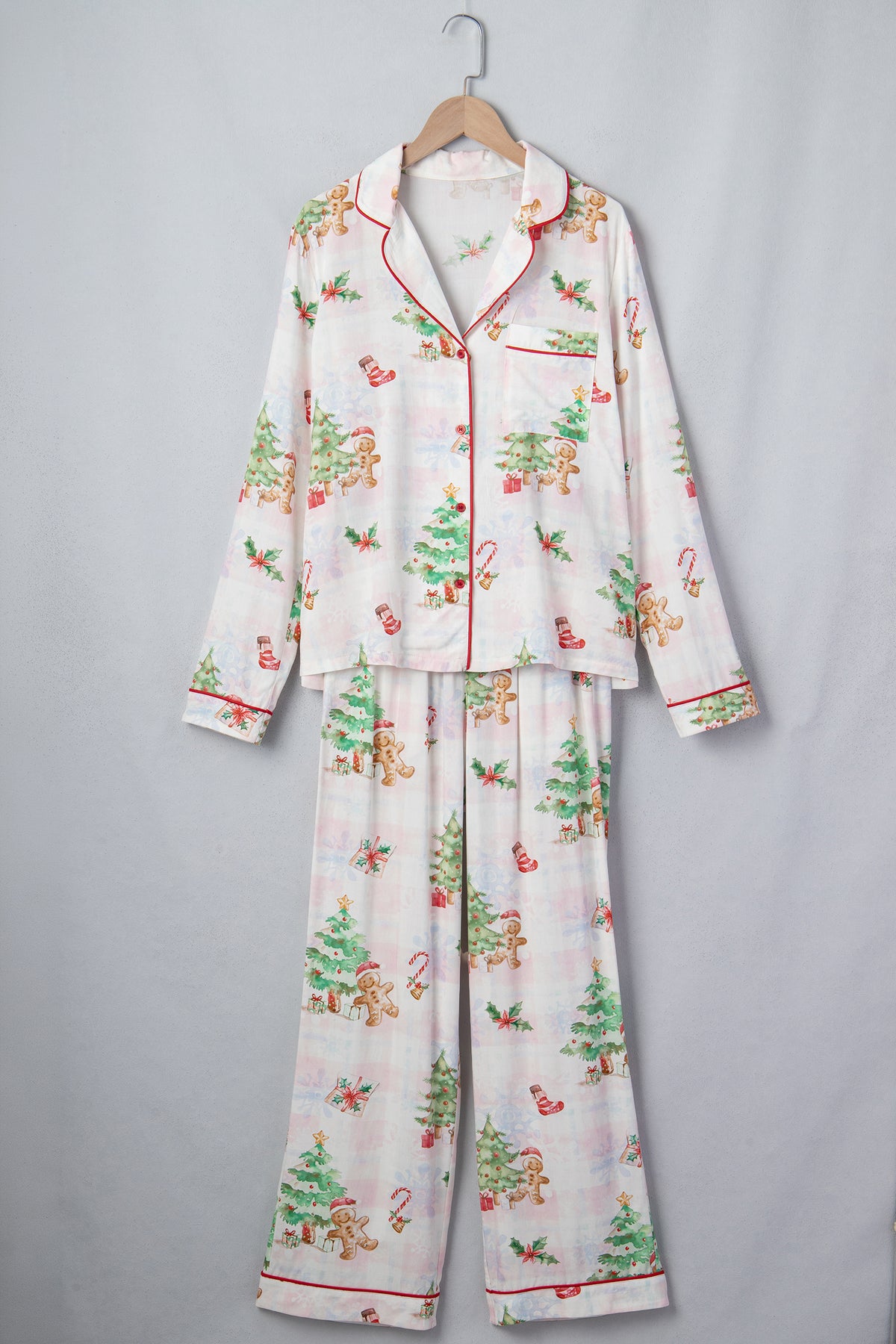 Pink Plaid Snowflake Christmas Gingerbread Man Print Long 2pcs Lounge Set PREORDER ETA 3 WEEKS