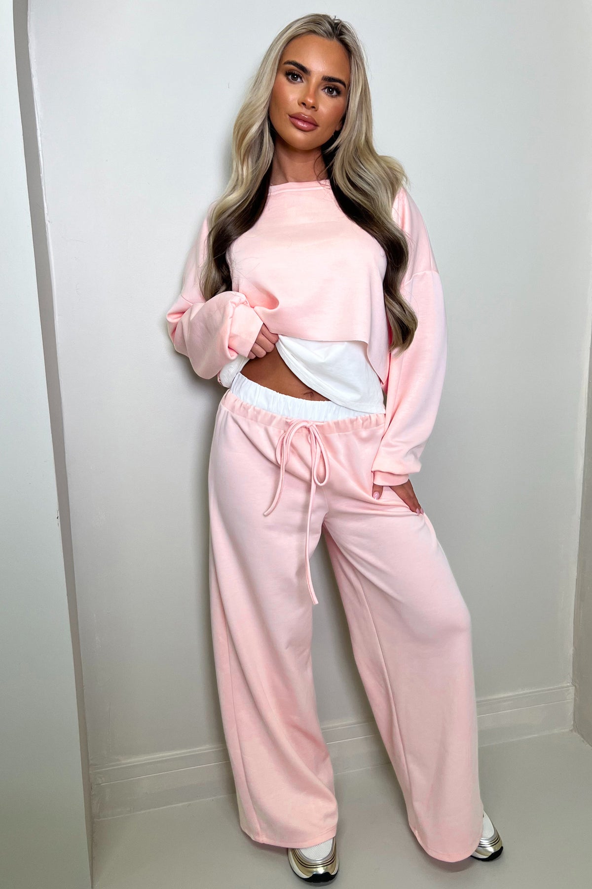 Pink Color Contrast Overlay Long Sleeve Top Drawstring Loose Pant Set PREORDER ETA 3 WEEKS