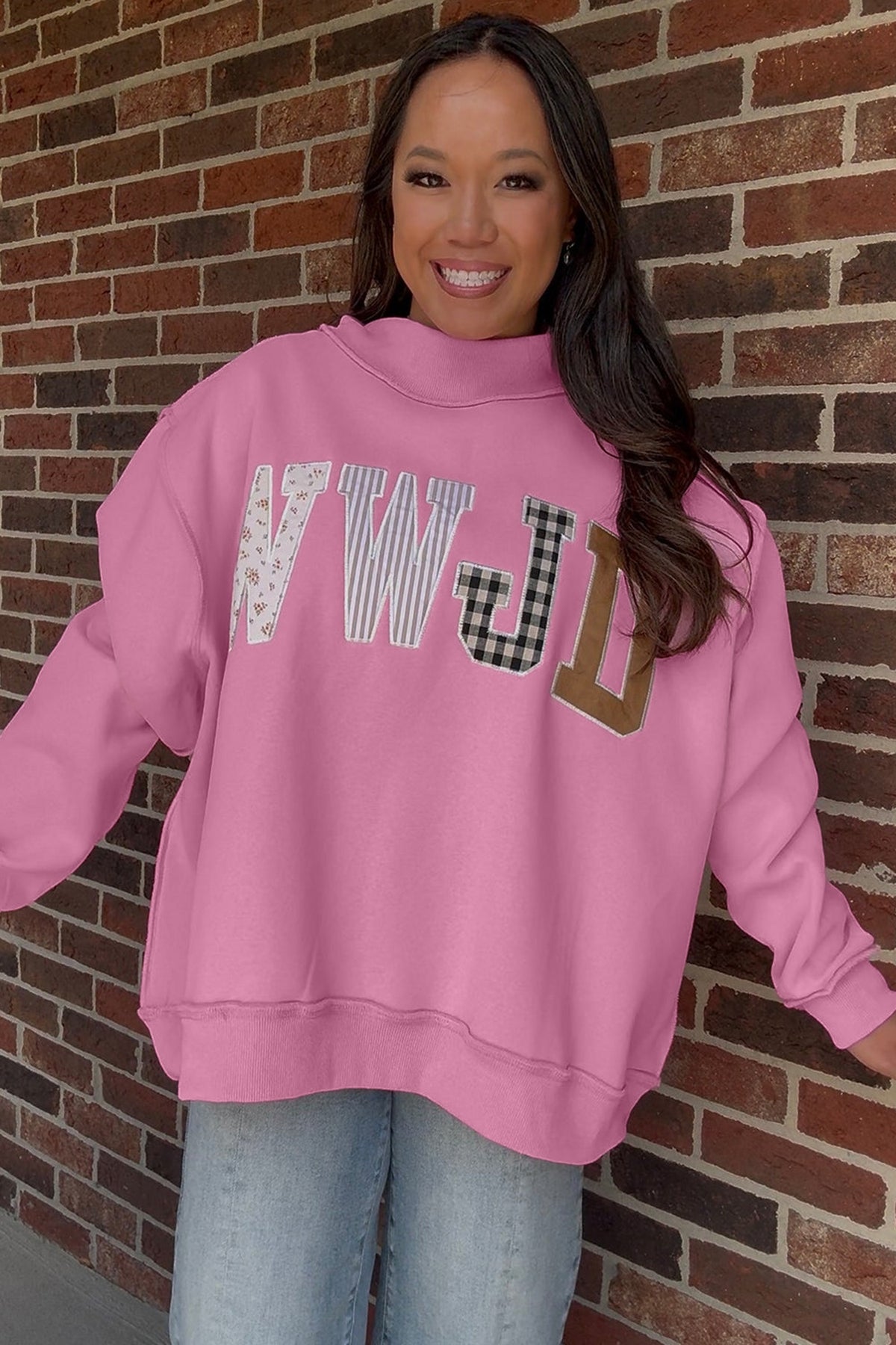 Bonbon WWJD Mixed Pattern Embroidered Patch Graphic Mock Neck Sweatshirt PREORDER ETA 3 WEEKS