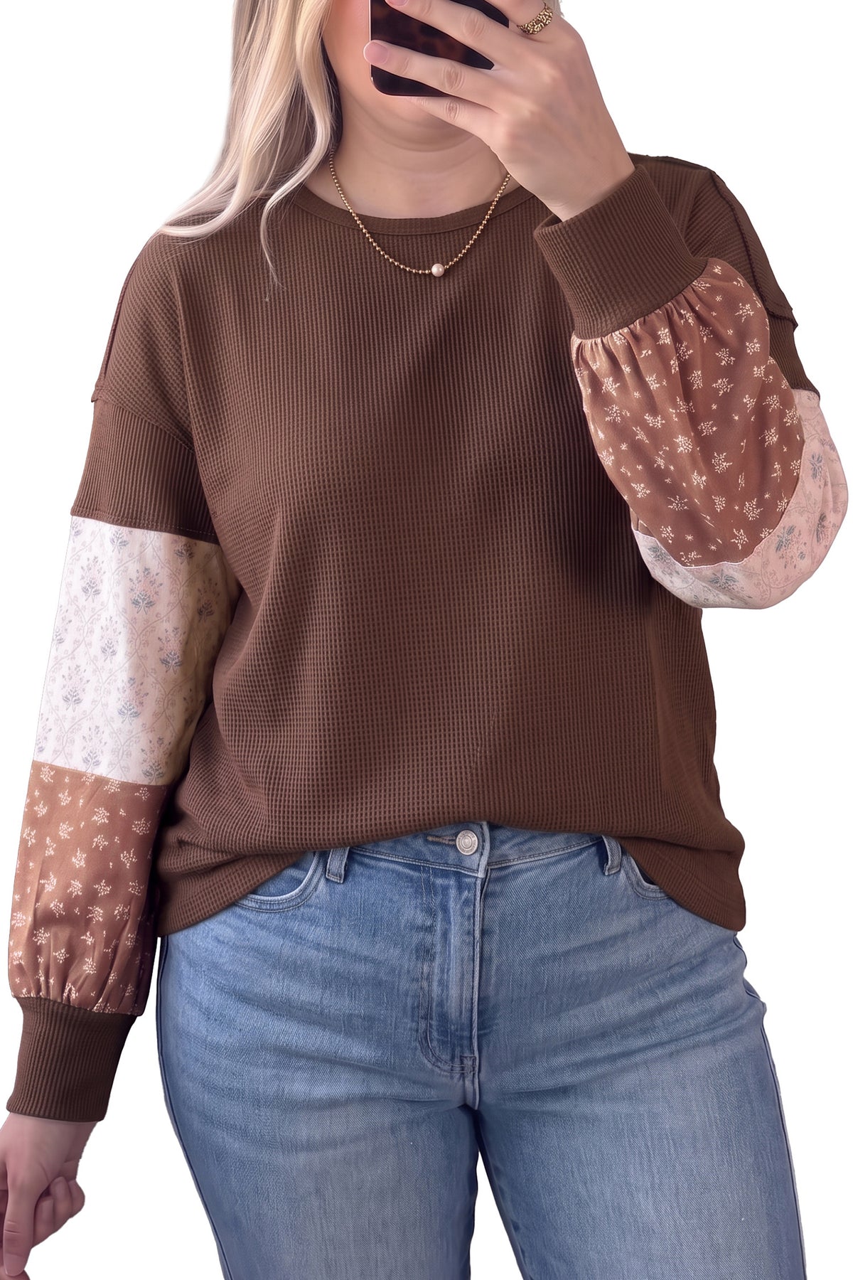 Coffee Plus Size Waffle Knit Floral Patchwork Long Sleeve Top PREORDER ETA 3 WEEKS