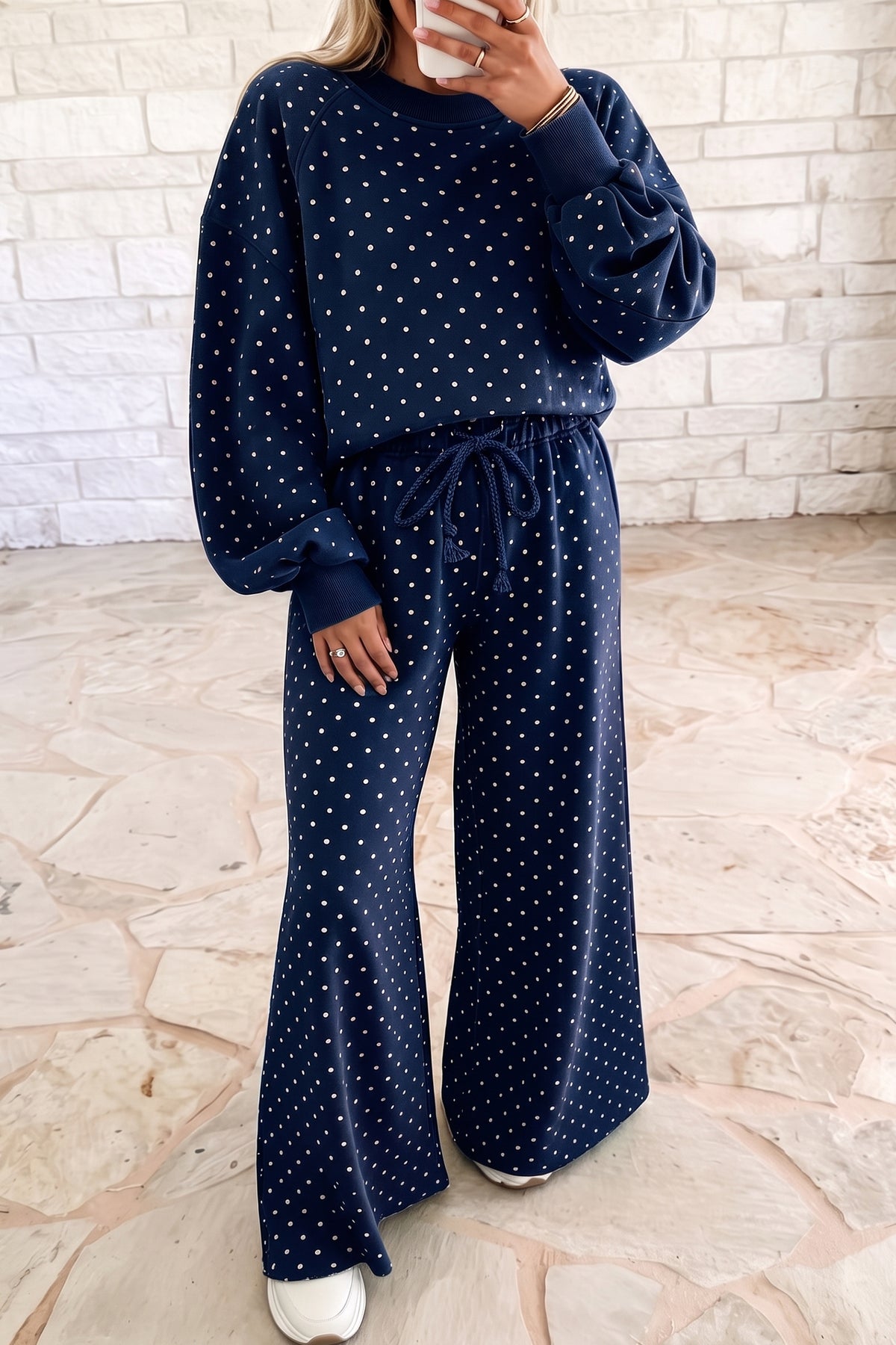 Polka Dot Drawstring Wide Leg Long Sleeve Top Pant Set PREORDER ETA 3 WEEKS