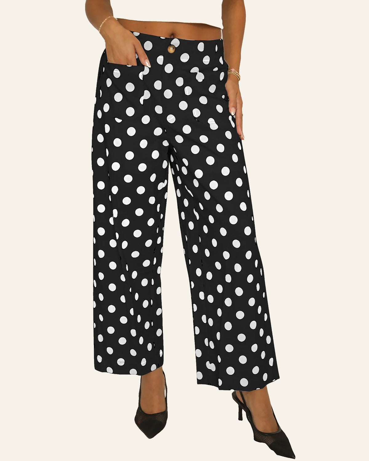 Black Polka Dot Print Patched Pocket Mid-rise Straight Leg Pants