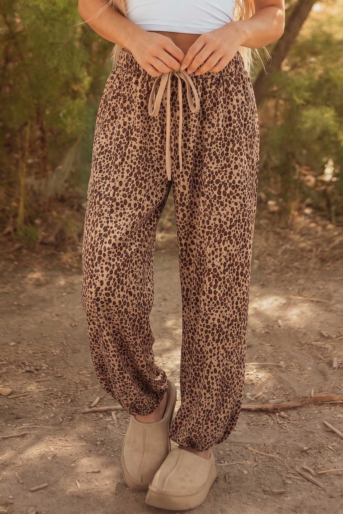 Khaki Leopard Print Drawstring Waist Patch Pockets Pants PREORDER ETA 3 WEEKS