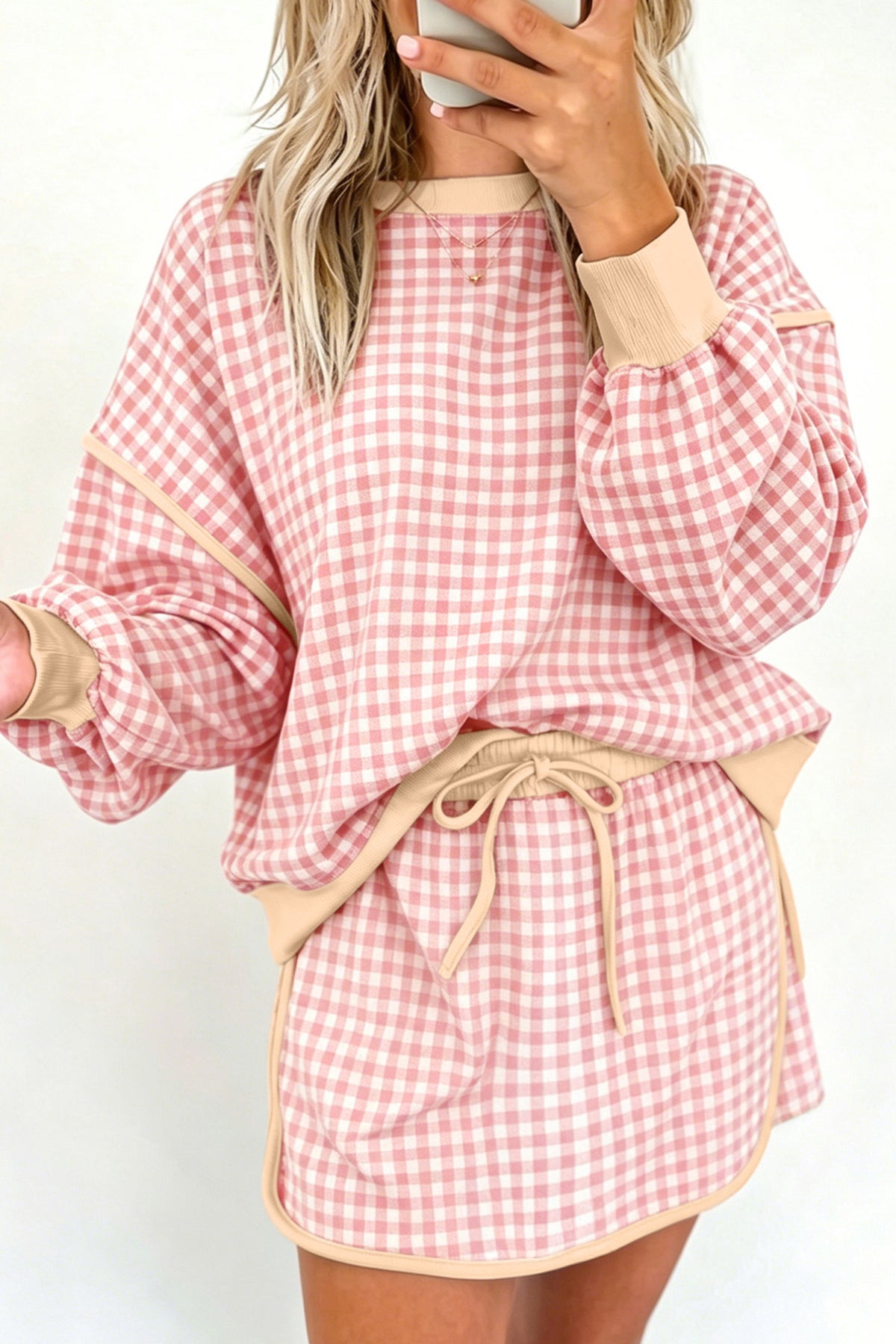 Green Gingham Oversized Ribbed Trim Crew Neck Long Sleeve Top and Skort Set PREORDER ETA 3 WEEKS