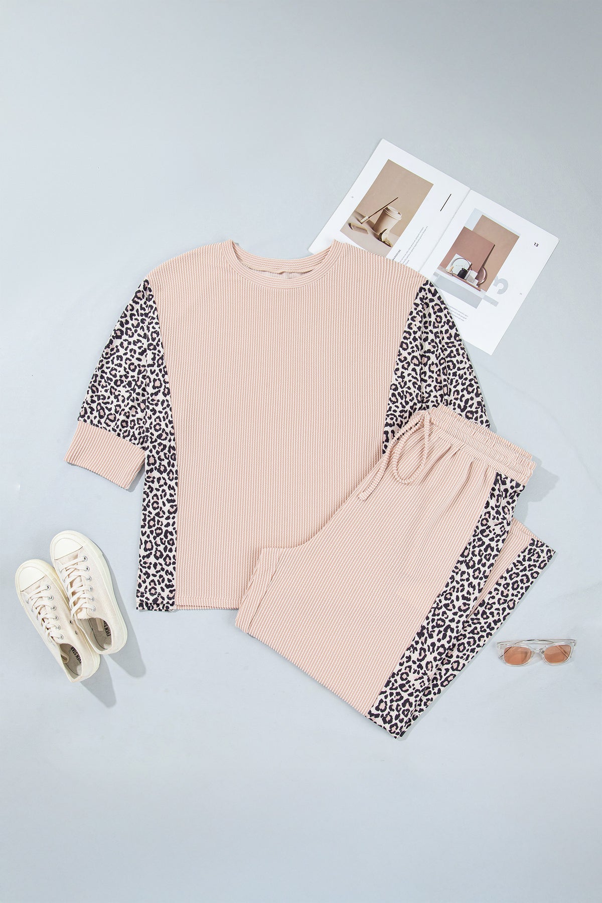 Light French Beige Leopard Print Ribbed Twist Long Sleeve Top Pants Plus Size Set PREORDER ETA 3 WEEKS