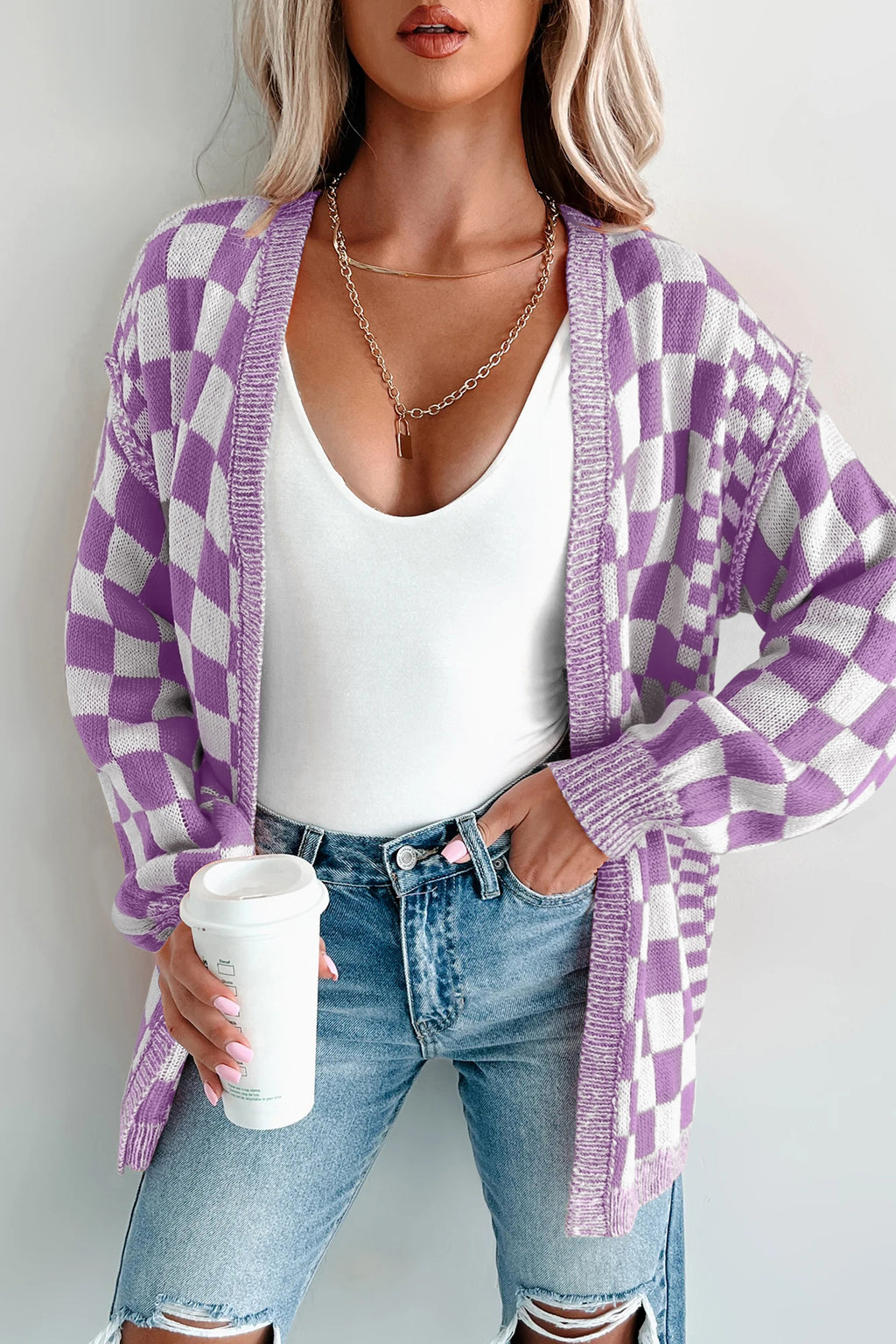 Purple Checkered Open Front Drop Shoulder Cardigan PREORDER ETA 3 WEEKS