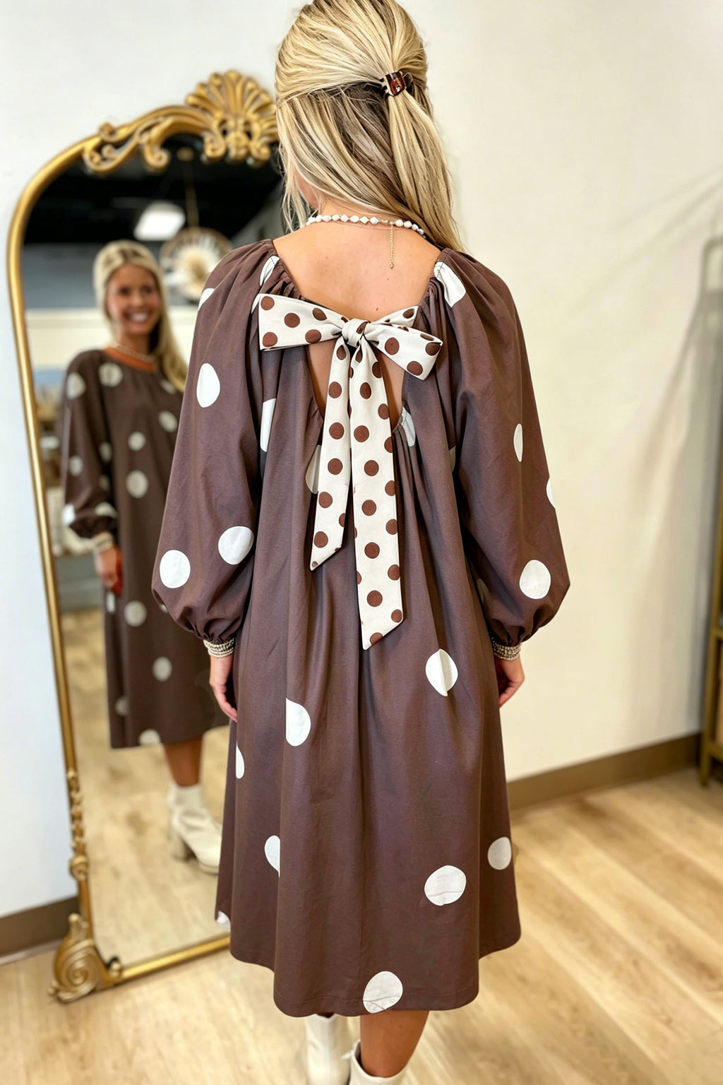 Brown Polka Dot Contrast Bow Knot Back Long Sleeve Midi Dress PREORDER ETA 3 WEEKS