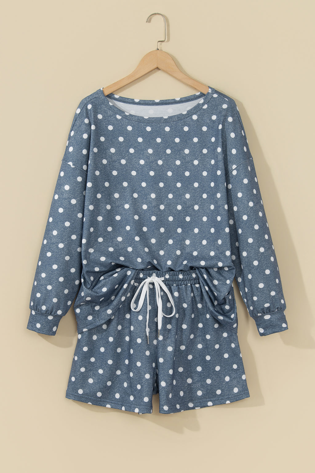 Gray Polka Dot Long Sleeve Top Drawstring Shorts Loose 2pcs Set