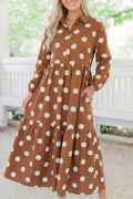 Brown Polka Dot Button Front Long Sleeve Shift Dress PREORDER 3 WEEK TAT