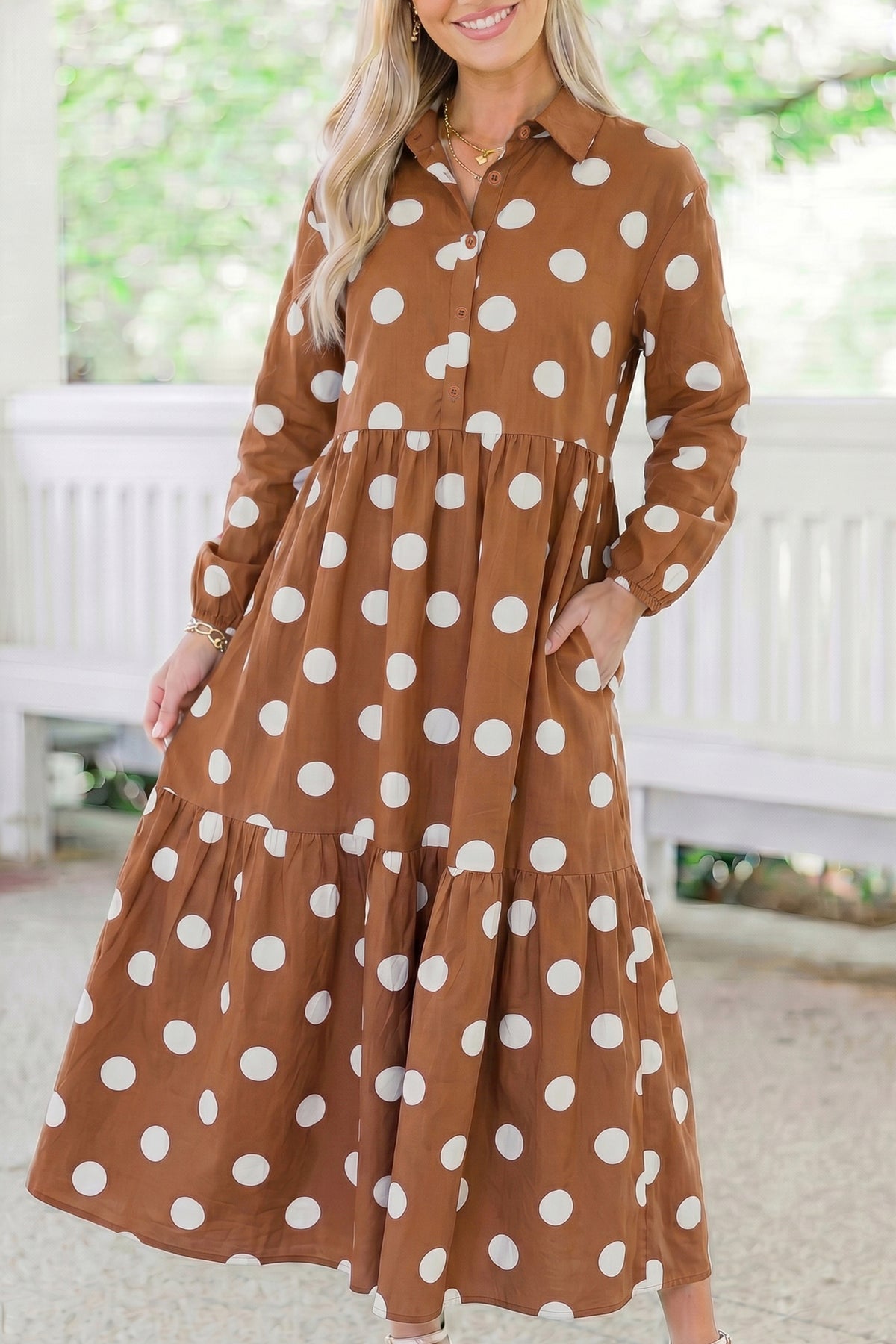 Brown Polka Dot Button Front Long Sleeve Shift Dress PREORDER 3 WEEK TAT