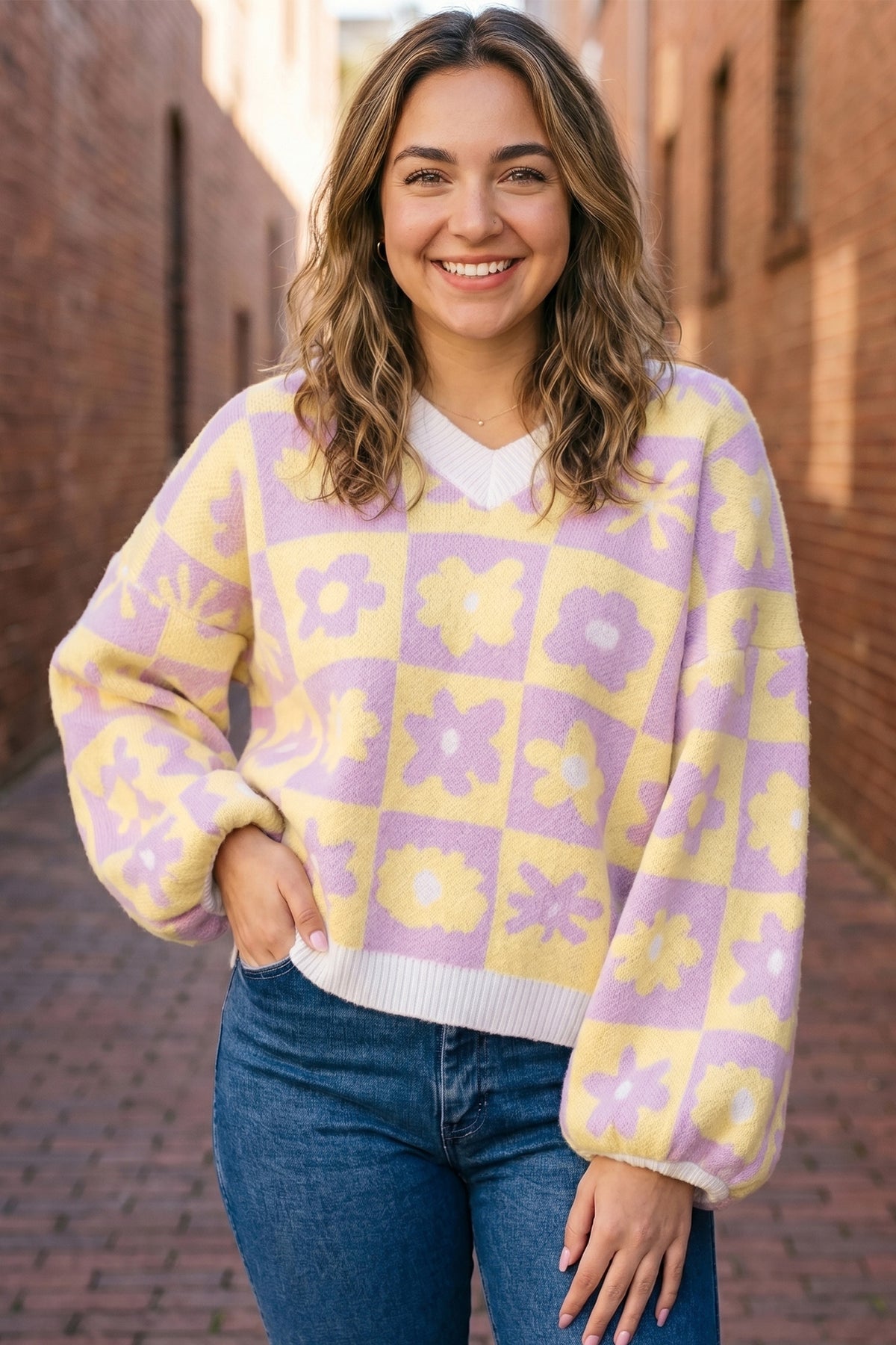 Multicolour V Neck Plaid Floral Long Sleeve Plus Size Sweater PREORDER ETA 3 WEEKS