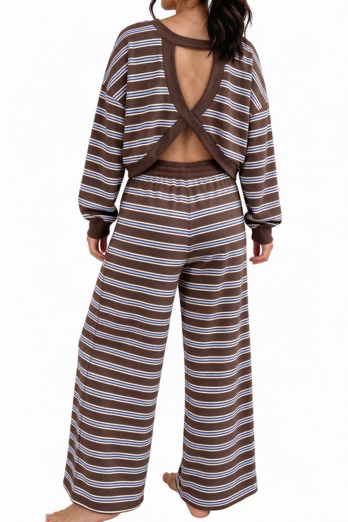 Brown Stripe Back Cutout Long Sleeve Top and Wide Leg Pants 2pcs Set PREORDER ETA 3 WEEKS