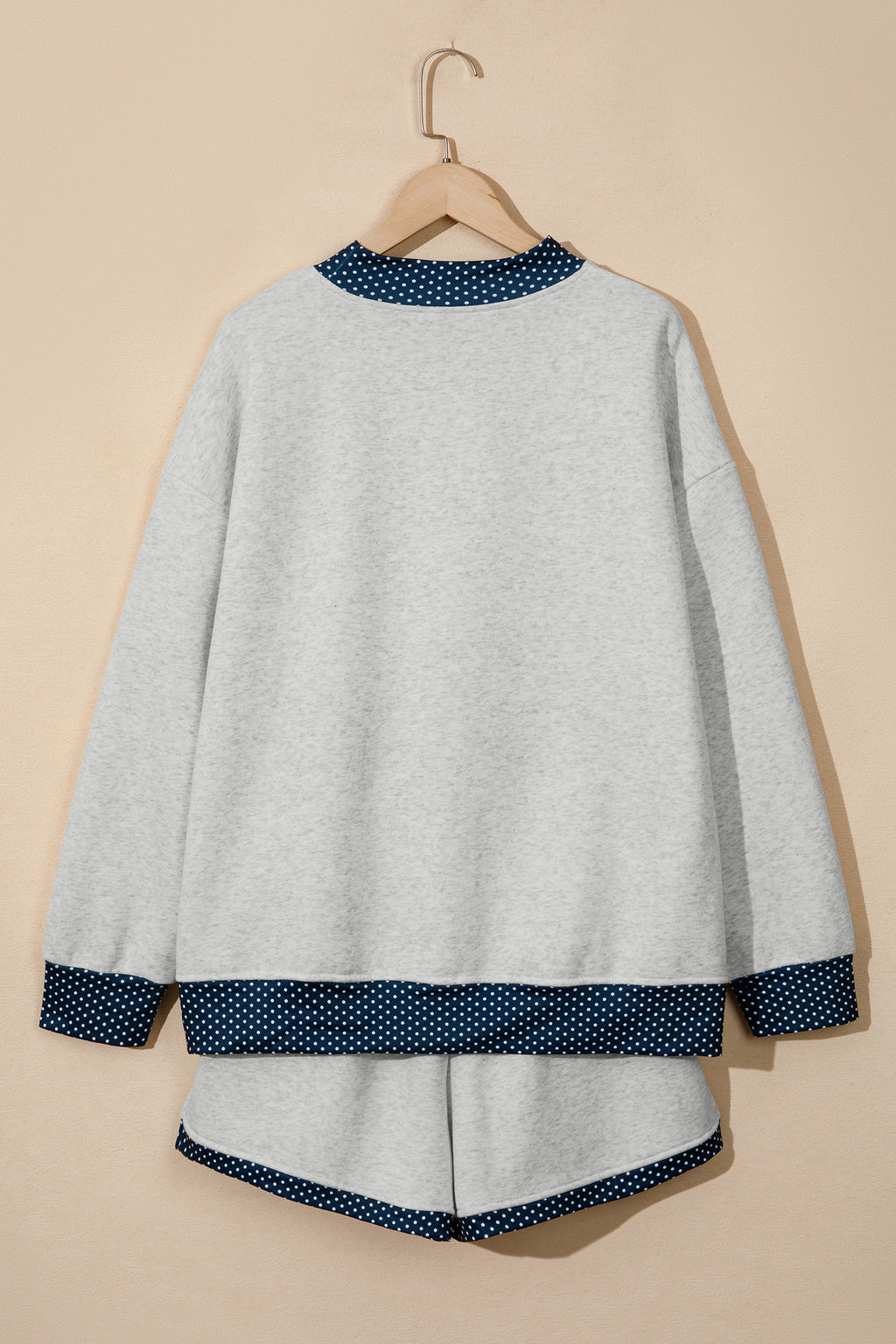 Light Grey Polka Dot Patchwork Mock Neck Pullover Casual Shorts Set PREORDER ETA 3 WEEKS