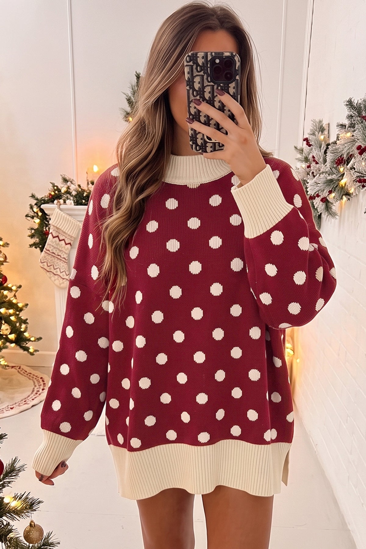 Red Polka Dot Pattern Ribbed Colorblock Trim Split Tunic Sweater PREORDER ETA 3 WEEKS