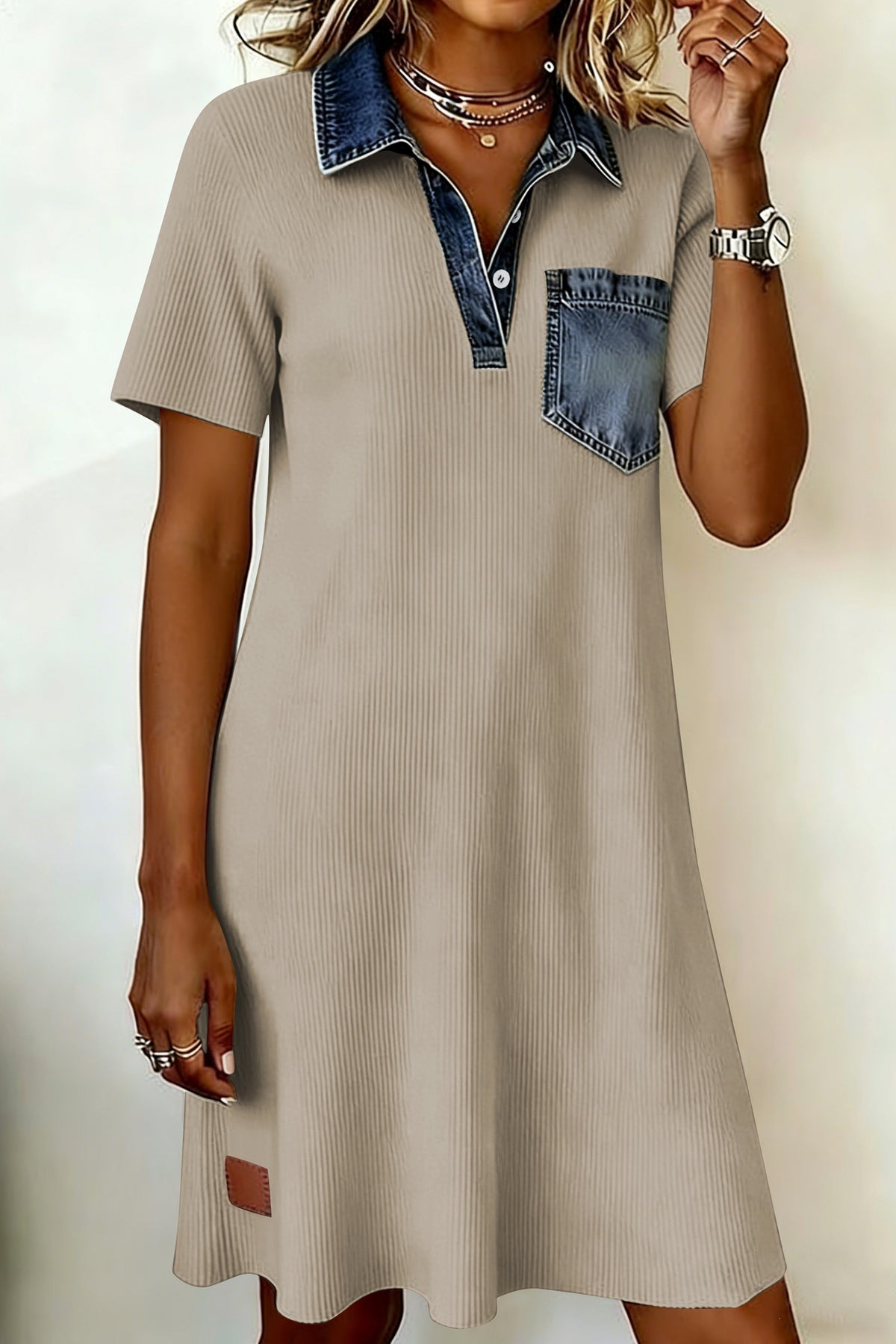 Beige Short Sleeve Ribbed Knit Denim Patchwork Polo Collar Dress PREORDER ETA 3 WEEKS