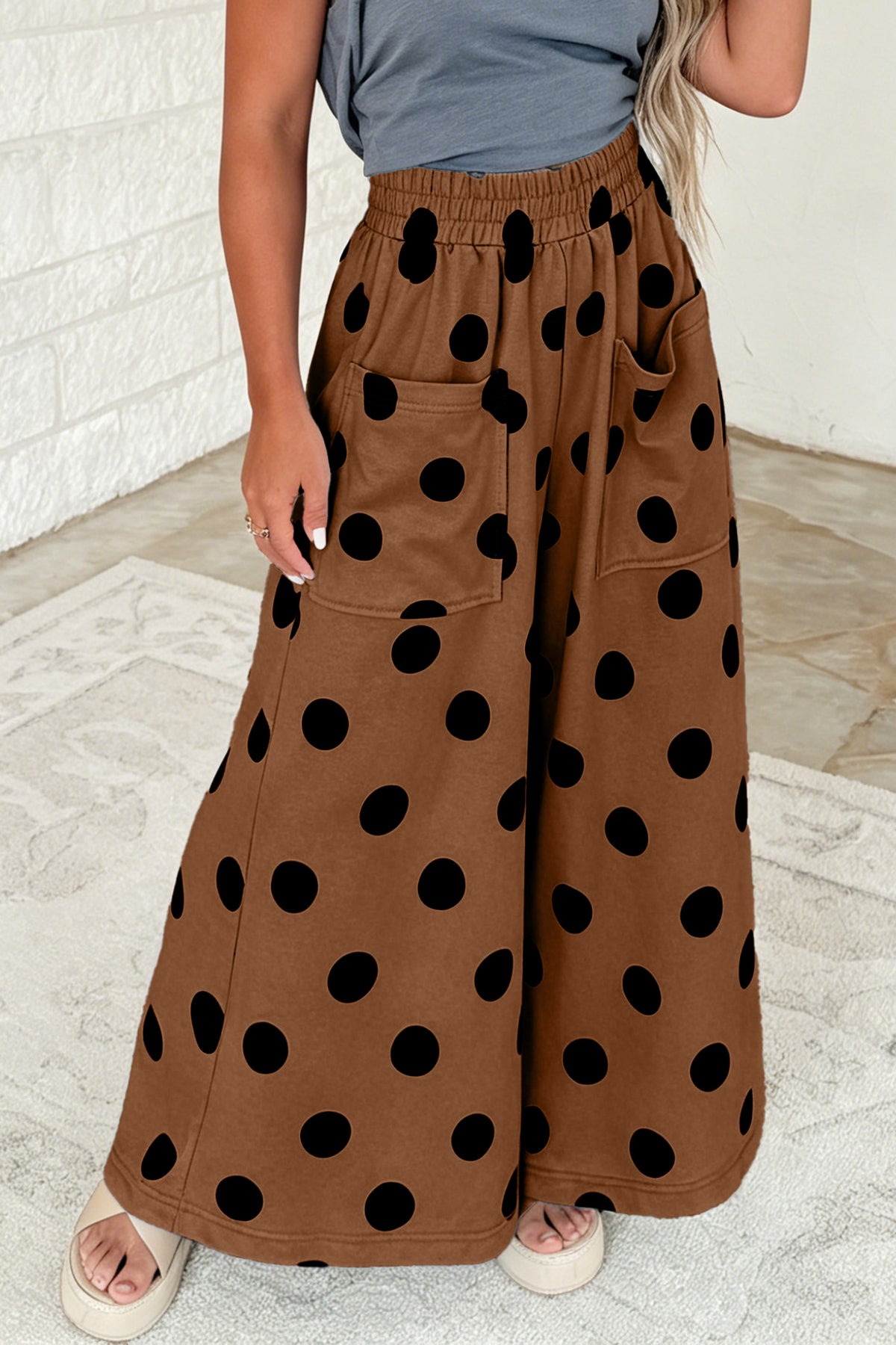 Brown Polka Dot Wide Leg Elastic Waist Casual Pants PREORDER ETA 3 WEEKS