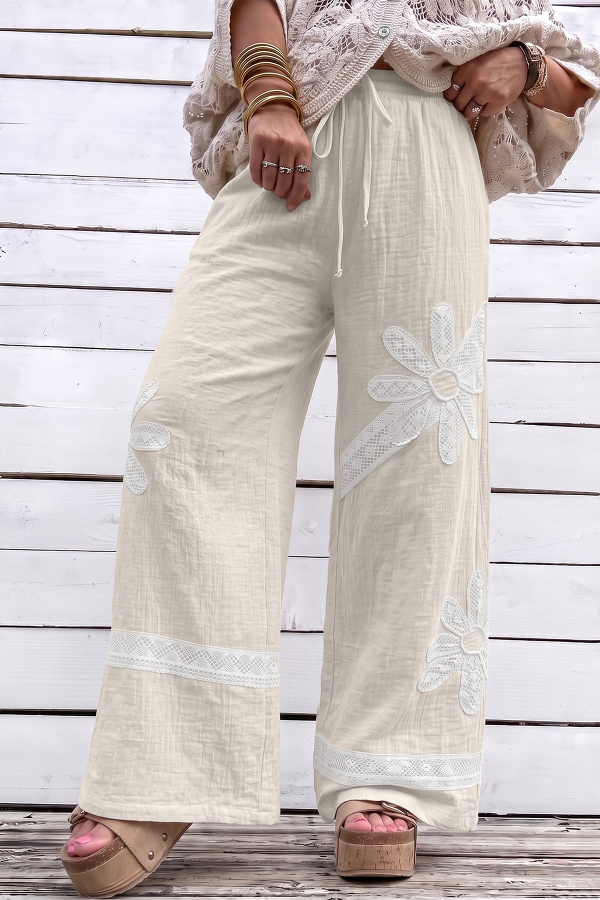 White Floral Lace Patchwork Boho Wide Leg Casual Pants PREORDER ETA 3 WEEKS
