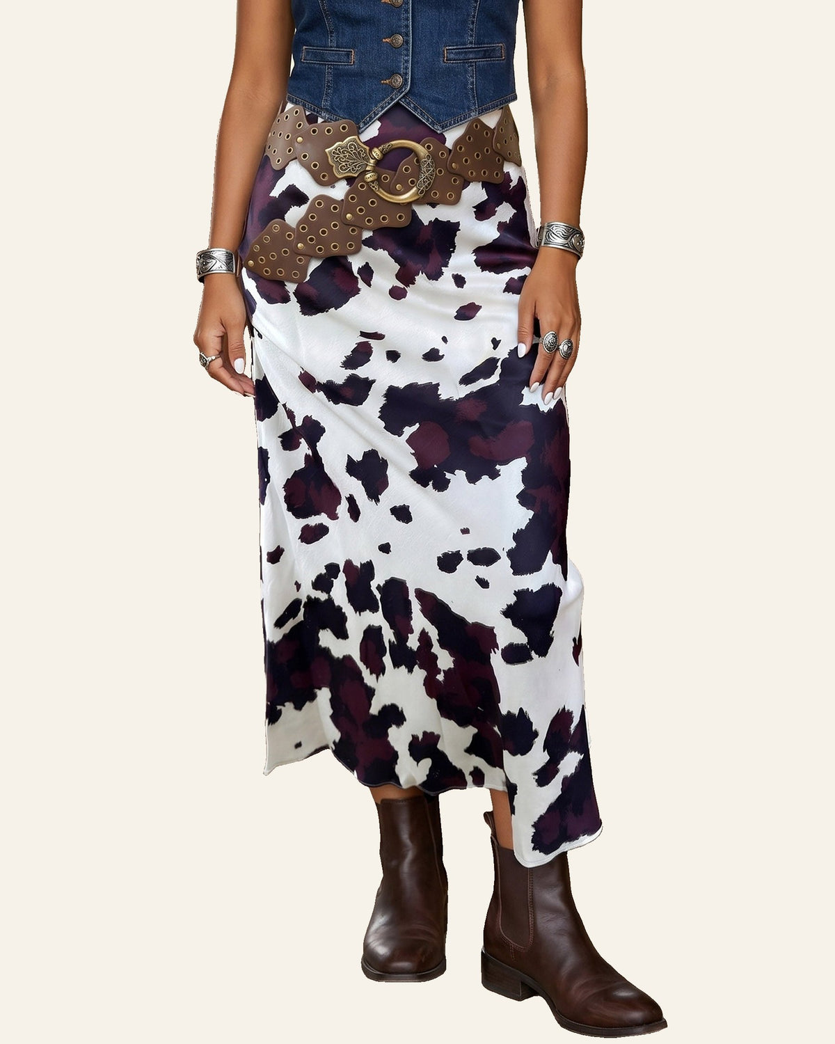 Brown Abstract Print Western Long Metal Zip-Up Waist Daily Wear Skirt