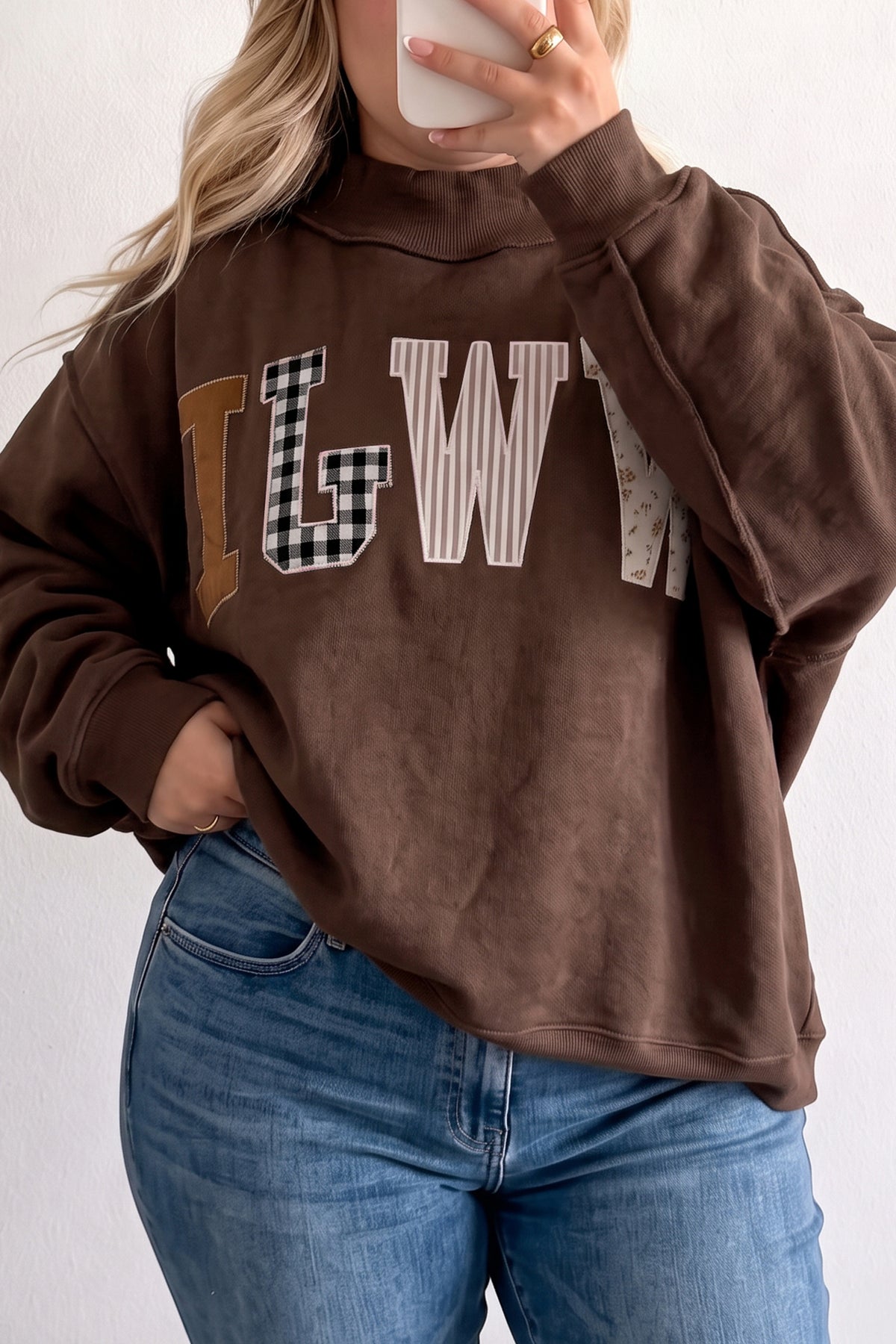 Coffee WWJD Mix Pattern Letter Graphic Exposed Seam Loose Plus Size Sweatshirt PREORDER ETA 3 WEEKS