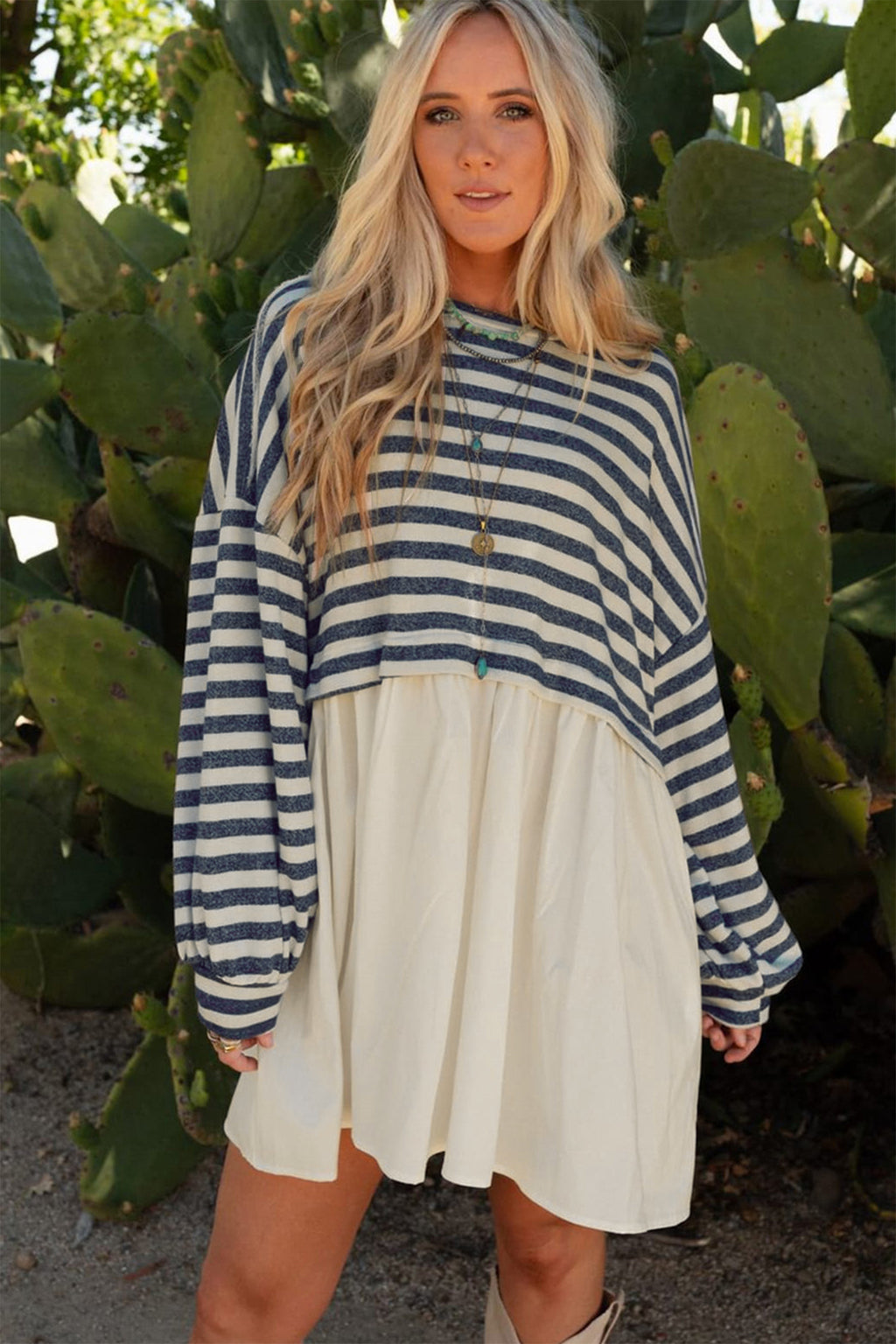 Blue Stripe Long Sleeve Pocketed Patchwork Hem Mini Dress PREORDER ETA 3 WEEKS