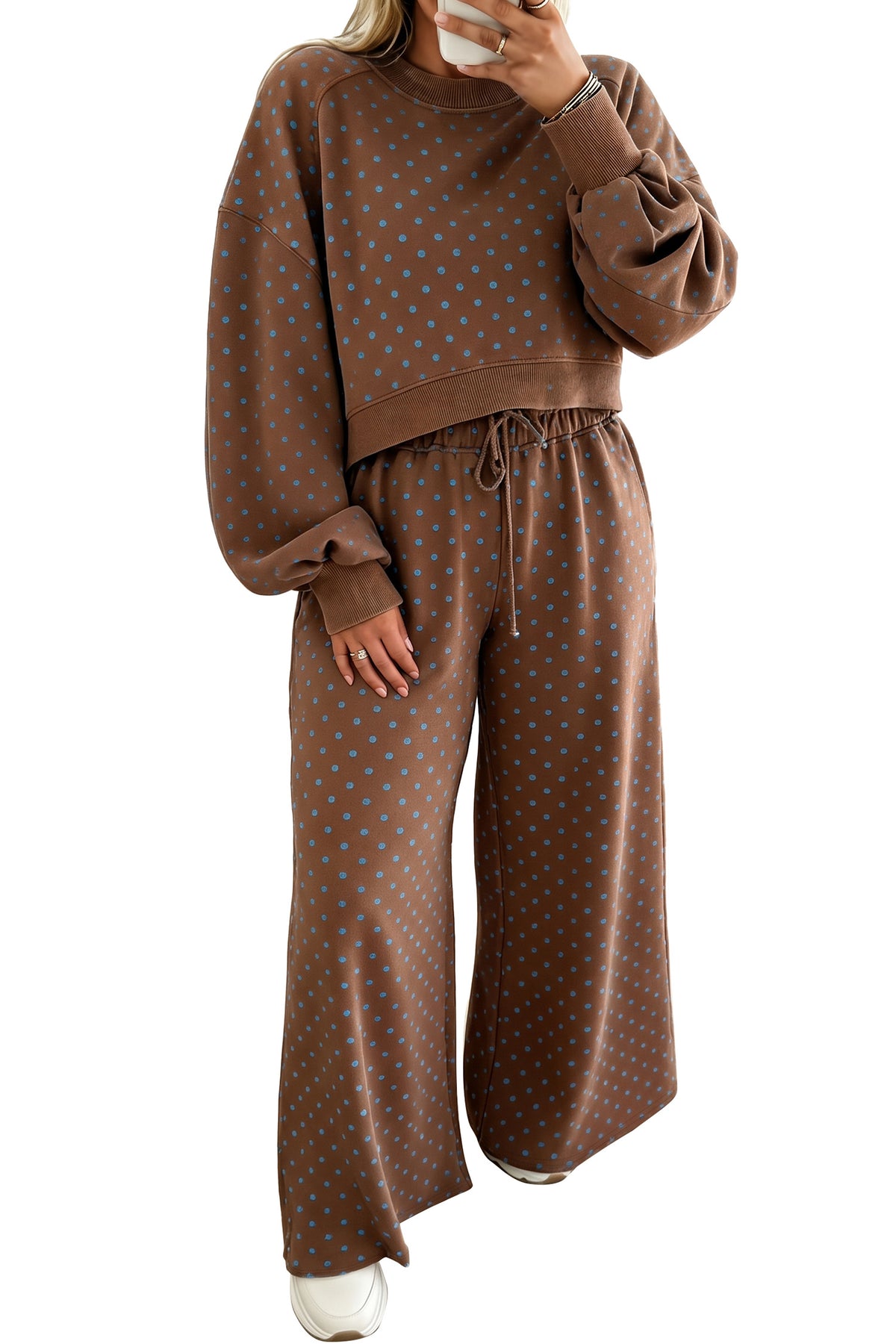 Brown Polka Dot Round Neck Long Sleeve Plus Size Set PREORDER ETA 3 WEEKS