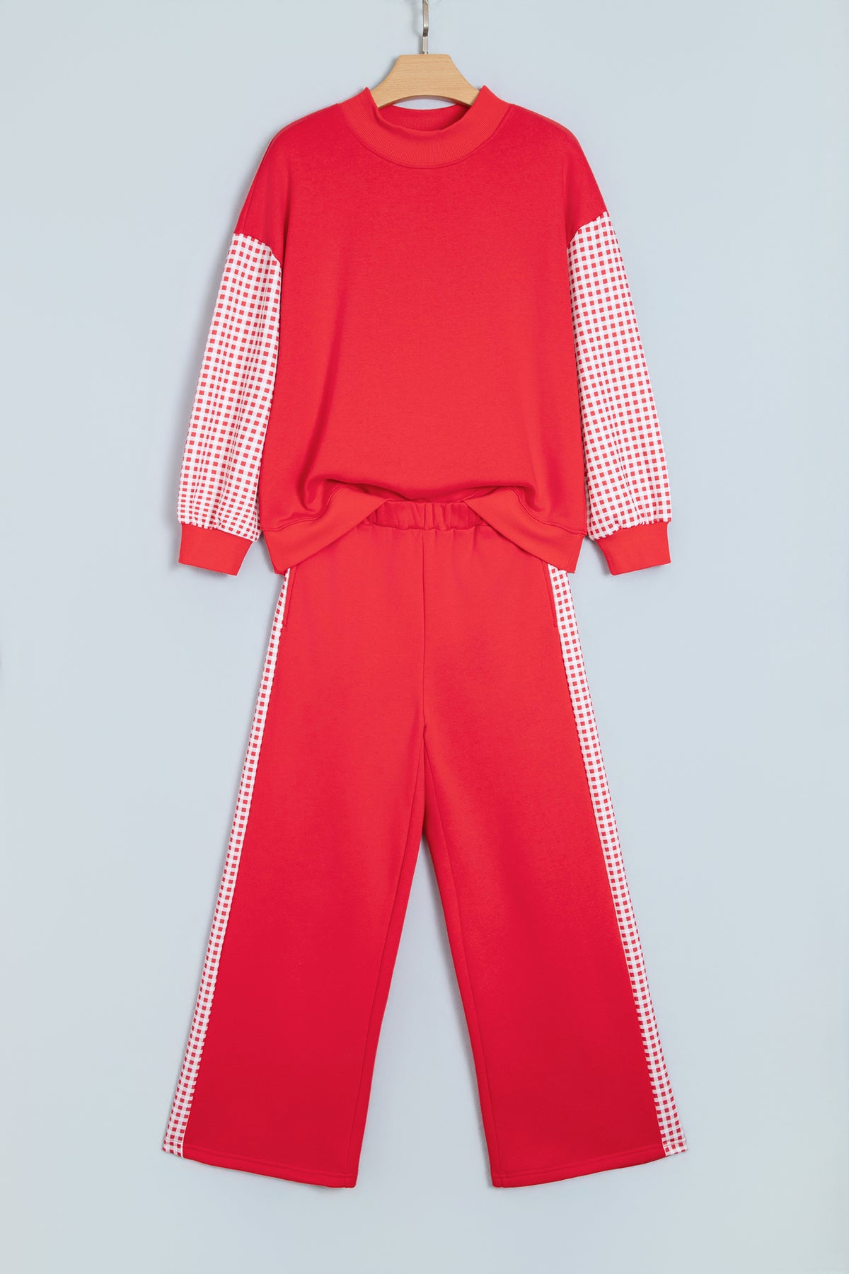 Fiery Red Plaid Contrast Long Sleeve Top And Wide Leg Pants Set PREORDER ETA 3 WEEKS