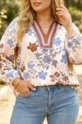 White Plus Size Floral Print Contrast Collar V Neck Long Sleeve Blouse PREORDER ETA 3 WEEKS