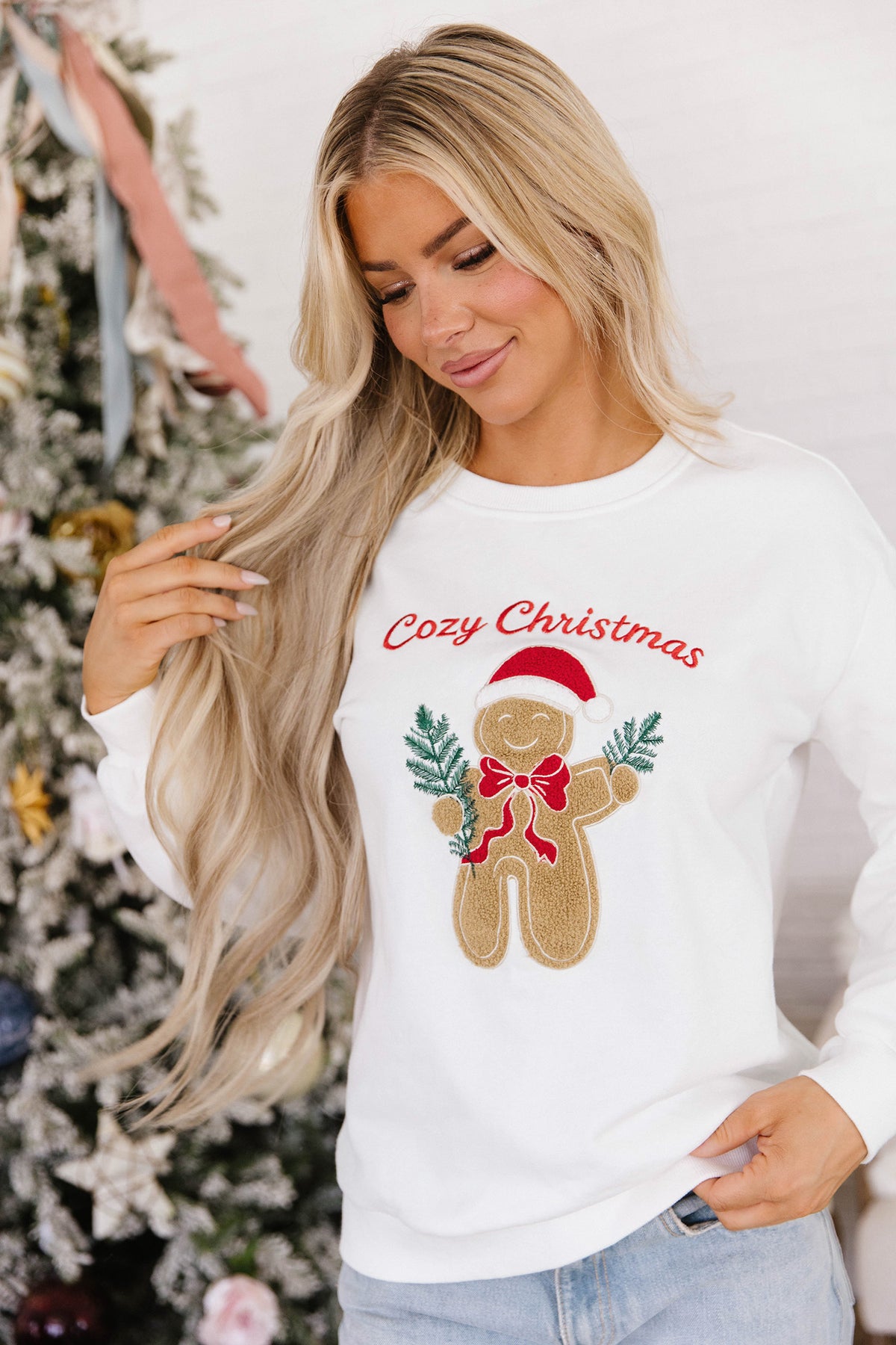 White Embroidered Gingerbread Cozy Christmas Long Sleeve Round Neck Pullover Sweatshirt PREORDER ETA 3 WEEKS