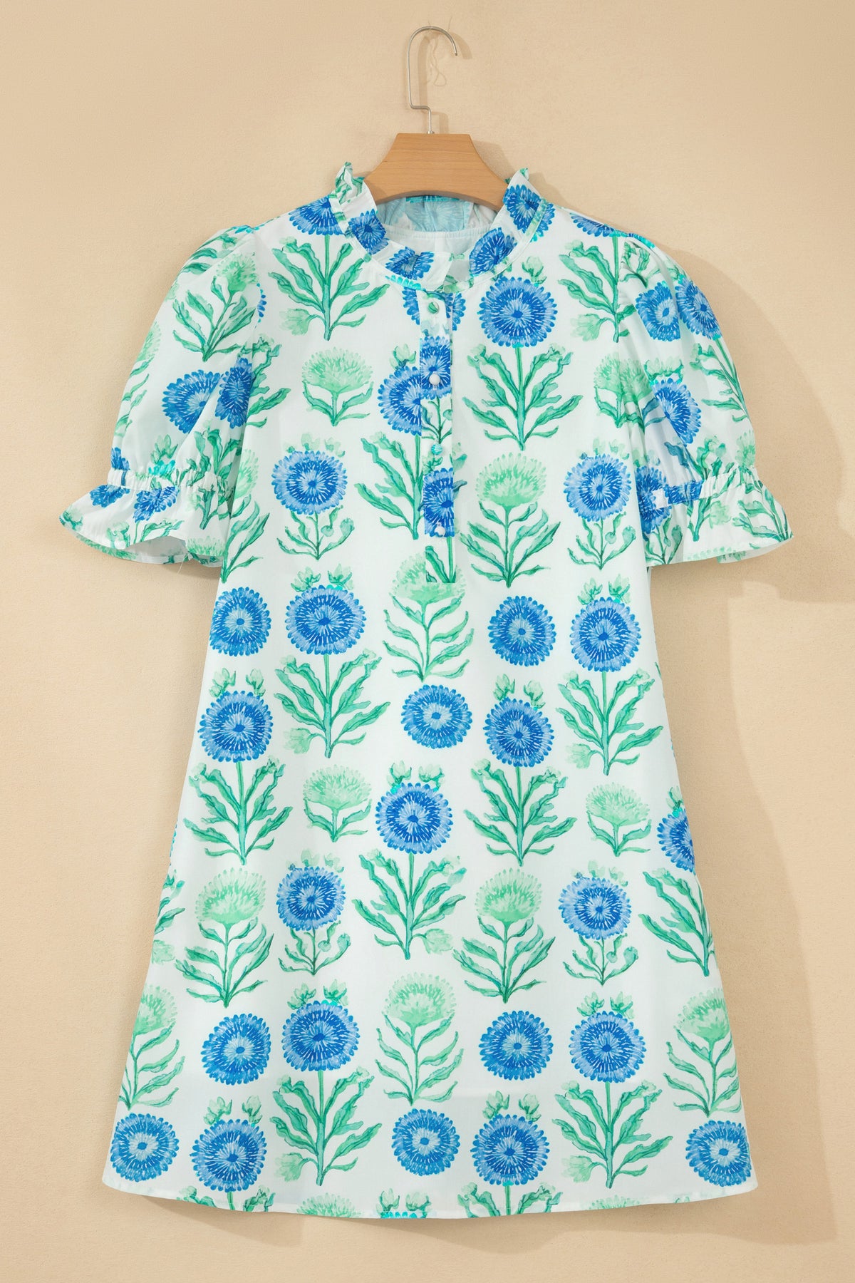 Sky Blue Floral Print Half Button Frilly Short Sleeve Dress PREORDER ETA 3 WEEKS