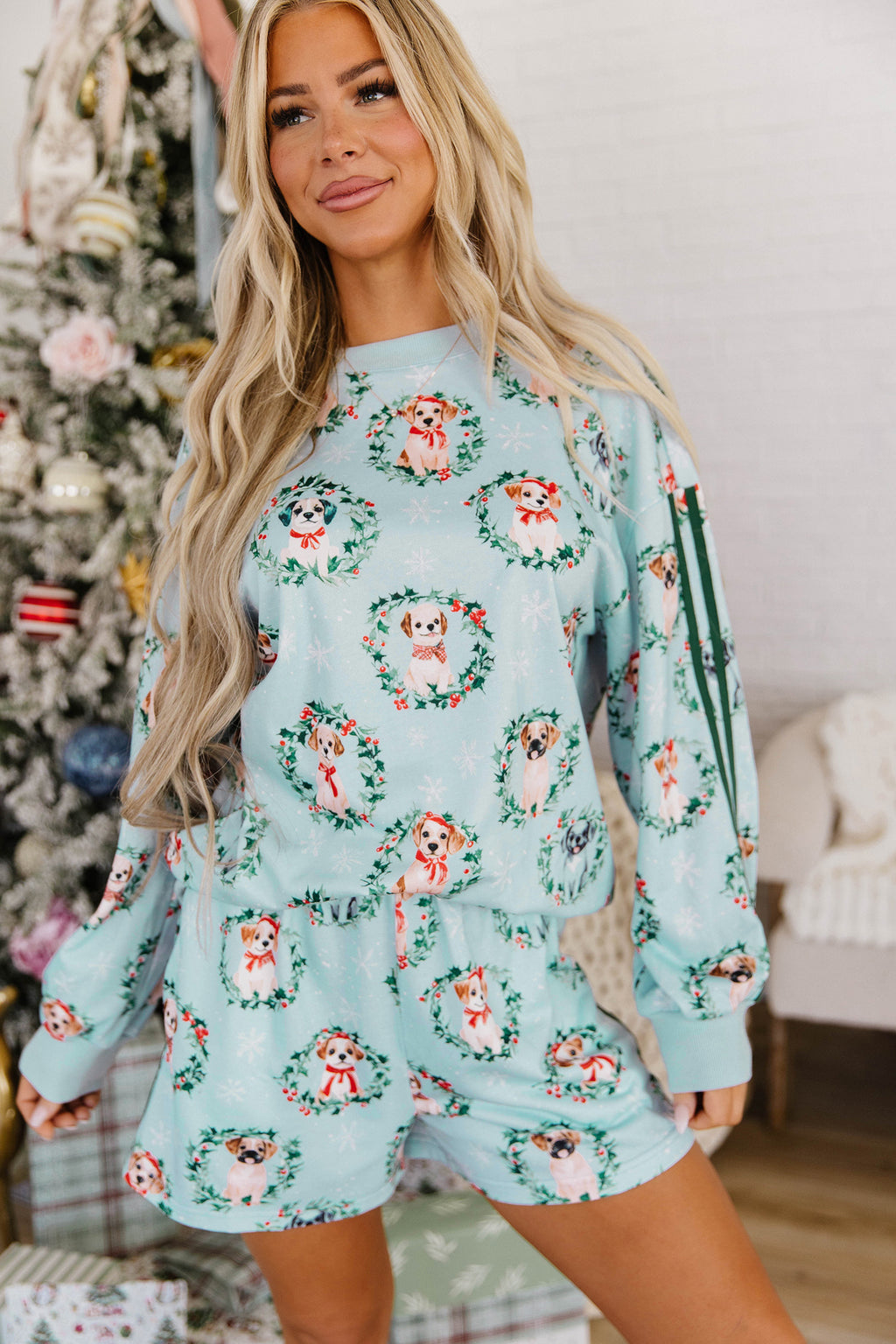Sky Blue Holiday Puppies Wreath Print Pocket Sweatshirt and Shorts Set PREORDER ETA 3 WEEKS