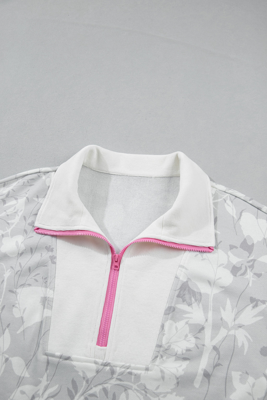 Gray Floral Print Quarter Zip Stand Neck Long Sleeve Sweatshirt PREORDER ETA 3 WEEKS