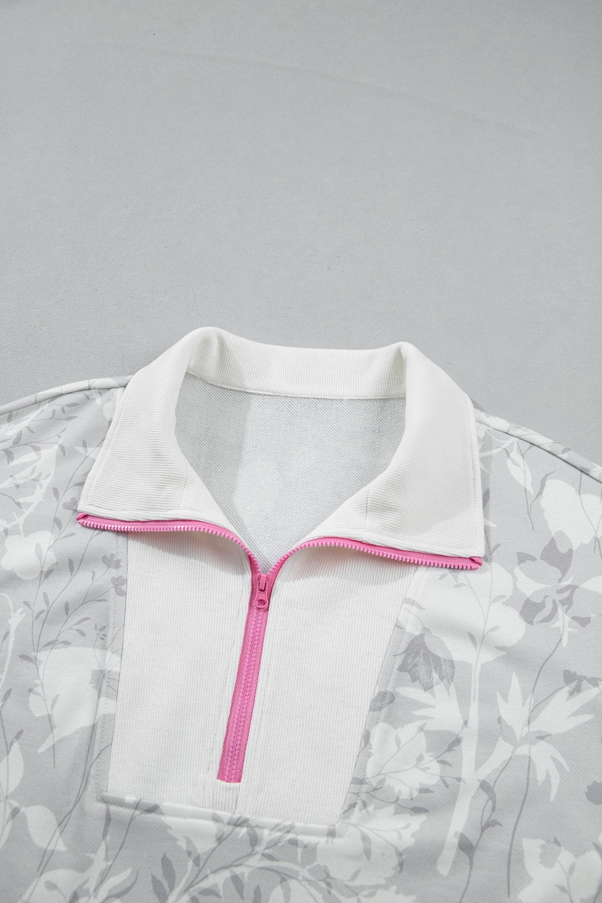Gray Floral Print Quarter Zip Stand Neck Long Sleeve Sweatshirt PREORDER ETA 3 WEEKS