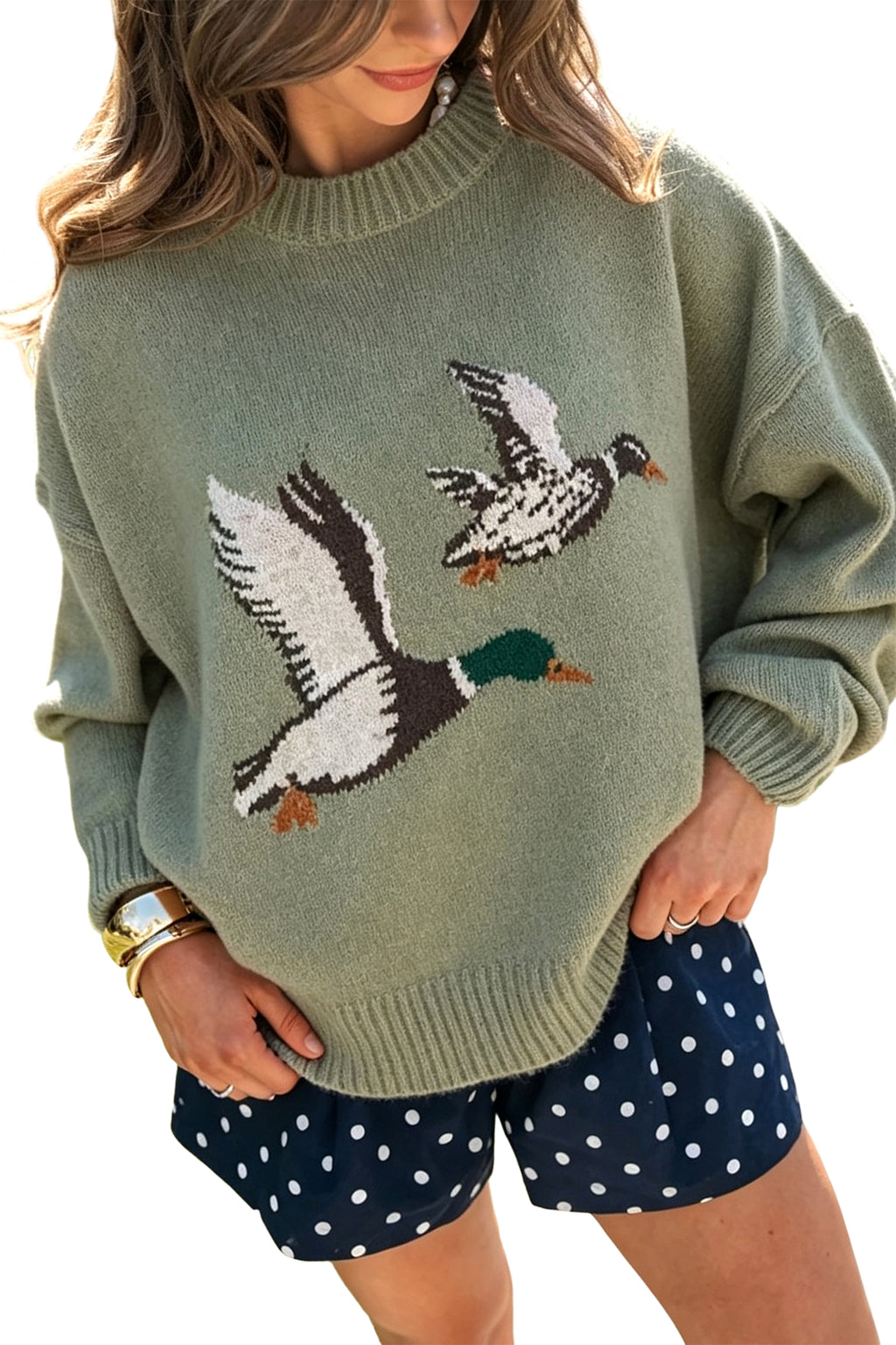 Laurel Green Flying Mallard Pattern Round Neck Drop Shoulder Knit Sweater PREORDER ETA 3 WEEKS