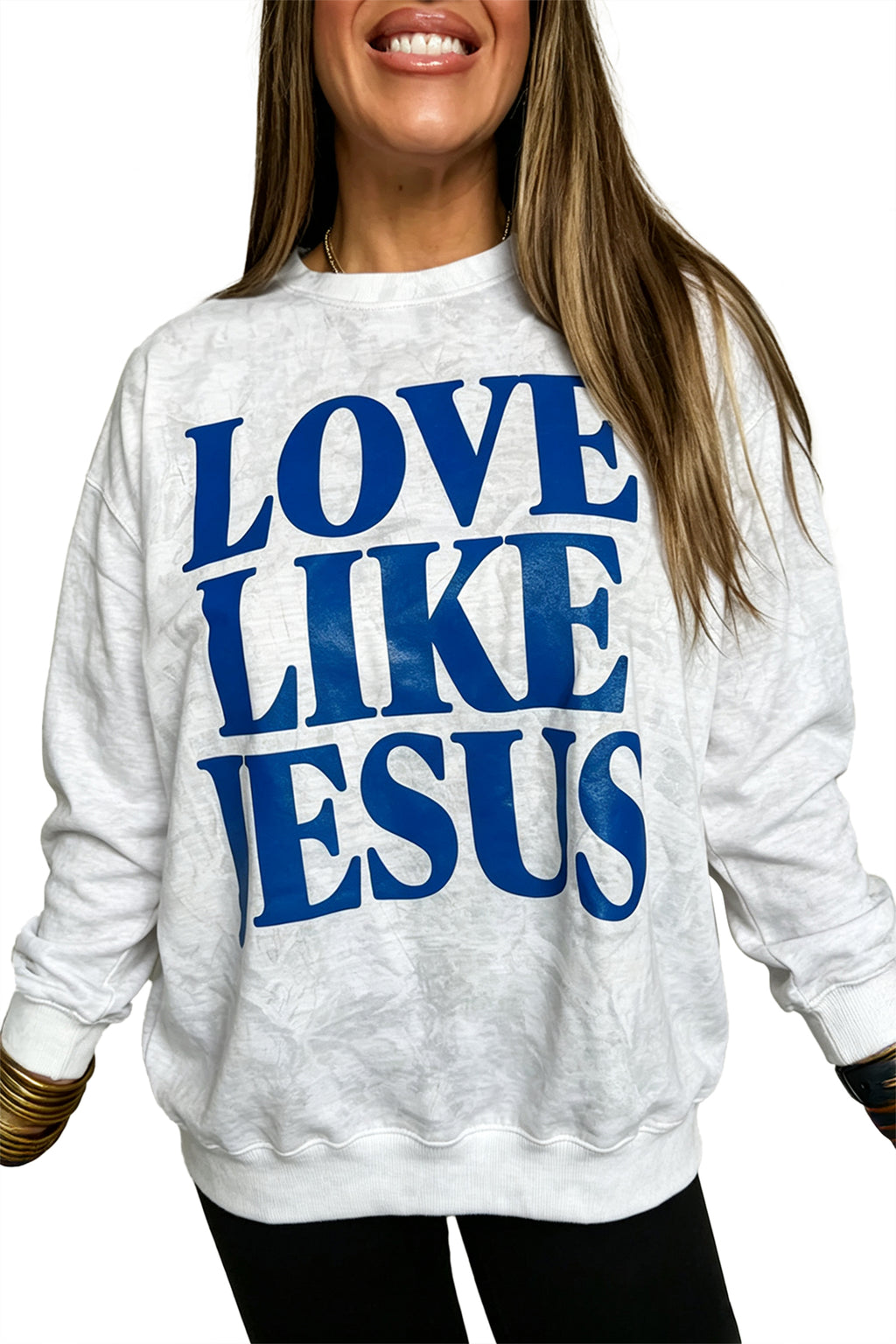 Gray LOVE LIKE JESUS Letter Print Round Neck Light Camo Pullover Sweatshirt PREORDER ETA 3 WEEKS