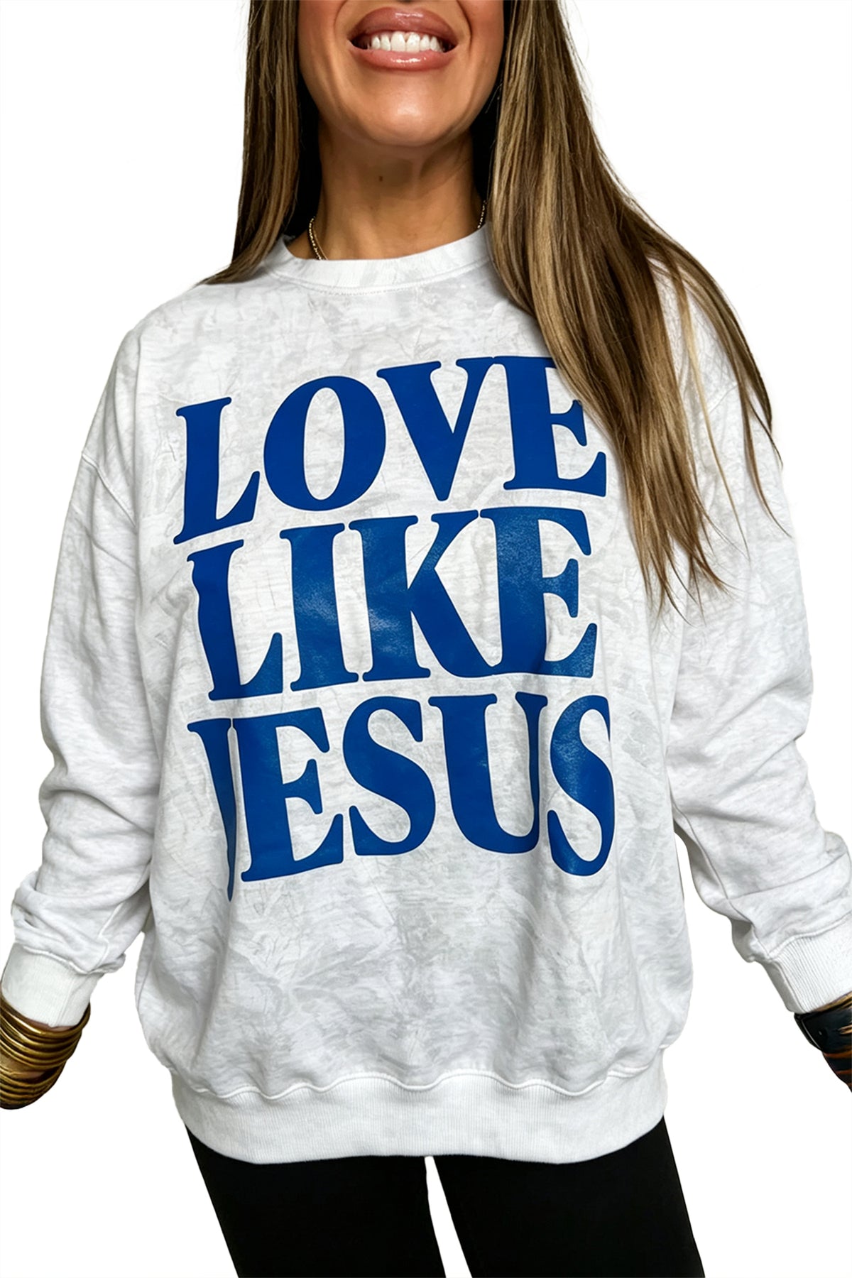 Gray LOVE LIKE JESUS Letter Print Round Neck Light Camo Pullover Sweatshirt PREORDER ETA 3 WEEKS