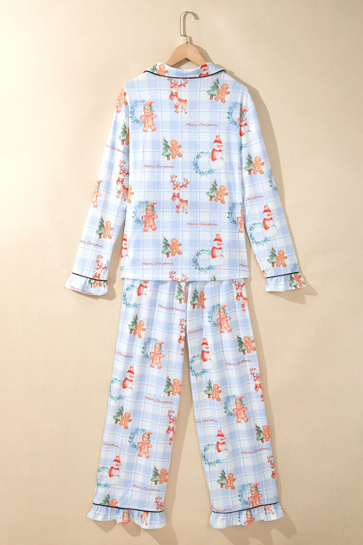 Sky Blue Plaid Cartoon Christmas Pattern Shirt Top 2pcs Pajama Set PREORDER ETA 3 WEEKS