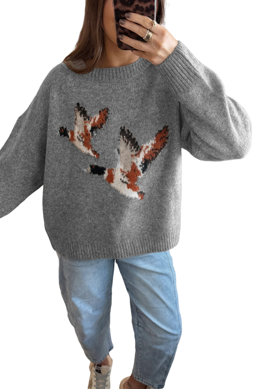 Gray Wild Mallard Drop Shoulder Round Neck Long Sleeve Pullover Sweater PREORDER ETA 3 WEEKS