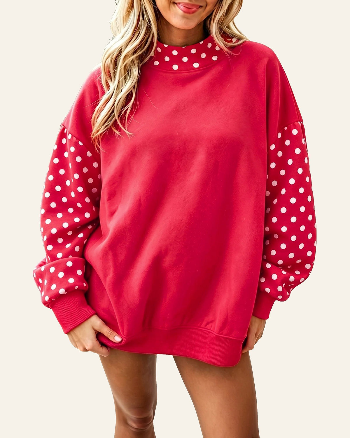 Fiery Red Polka Dot Contrast Round Neck Long Sleeve Baggy Sweatshirt PREORDER ETA 3 WEEKS