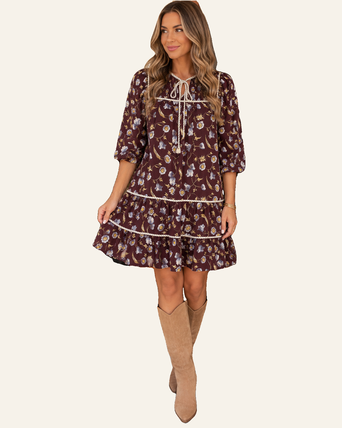 Brown Floral Print V Neck Shift Dress PREORDER ETA 3 WEEKS