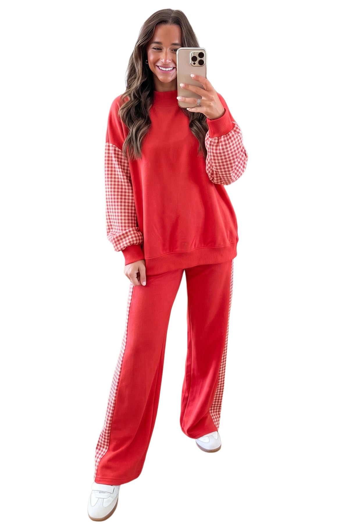 Fiery Red Plaid Contrast Long Sleeve Top And Wide Leg Pants Set PREORDER ETA 3 WEEKS