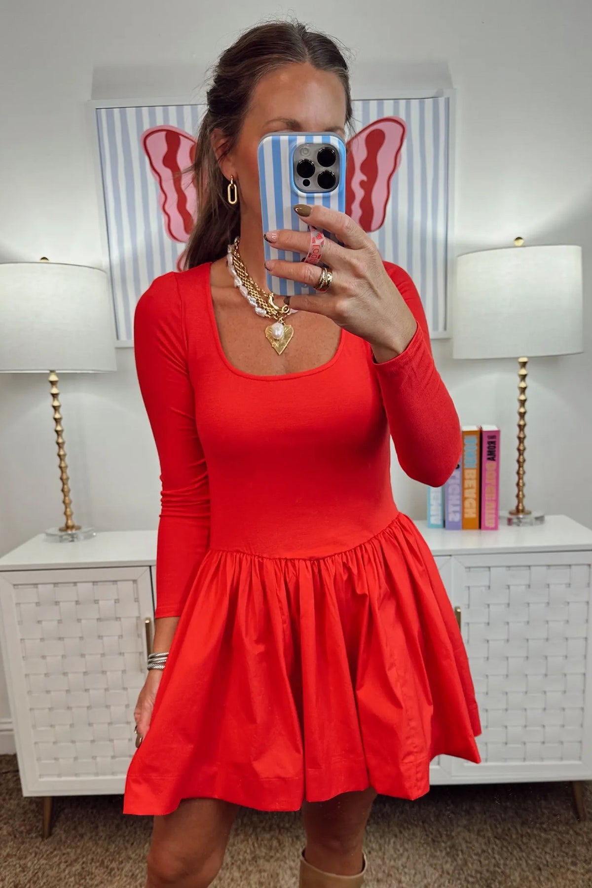 Fiery Red U Neck Long Sleeve Fit and Flare Short Dress PREORDER ETA 3 WEEKS