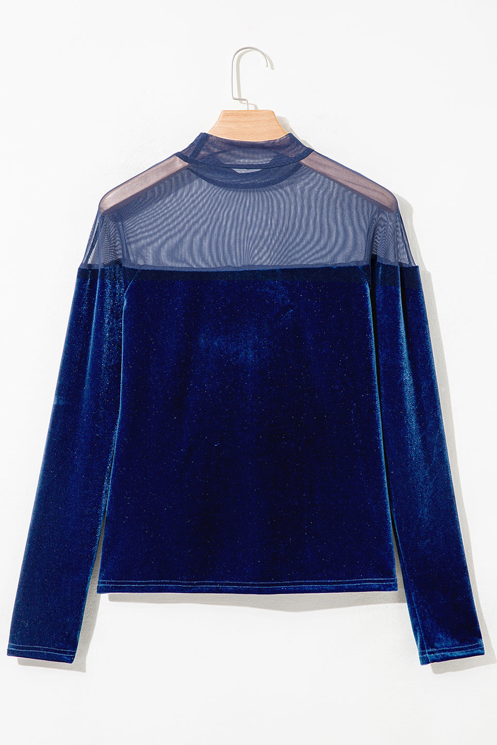 Navy Blue Velvet Long Sleeve Sheer Neck Patchwork Casual Pullover Top PREORDER ETA 3 WEEKS