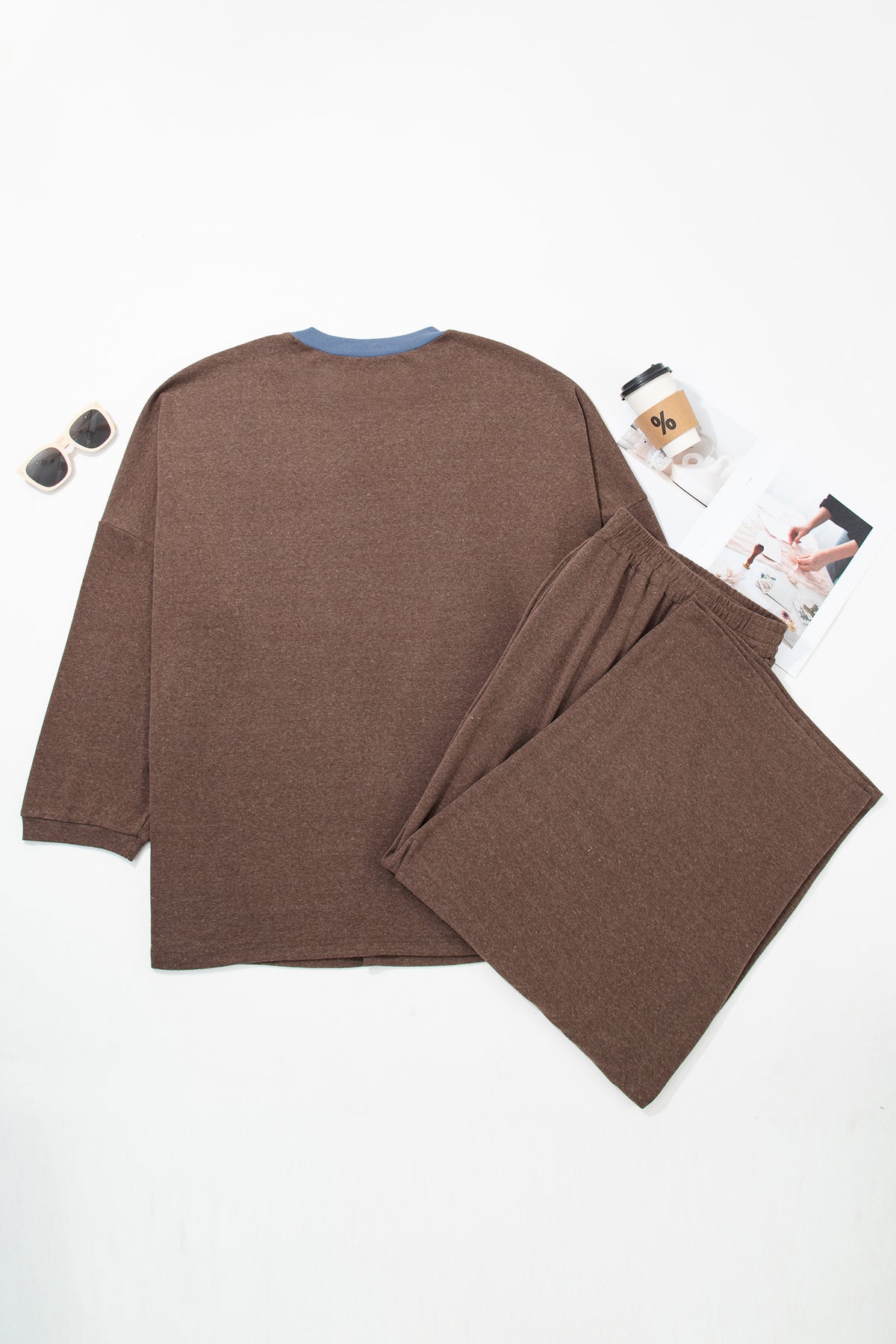 Dark Brown Long Sleeve Round Neck Patchwork Colorblock Plus Size Set PREORDER ETA 3 WEEKS