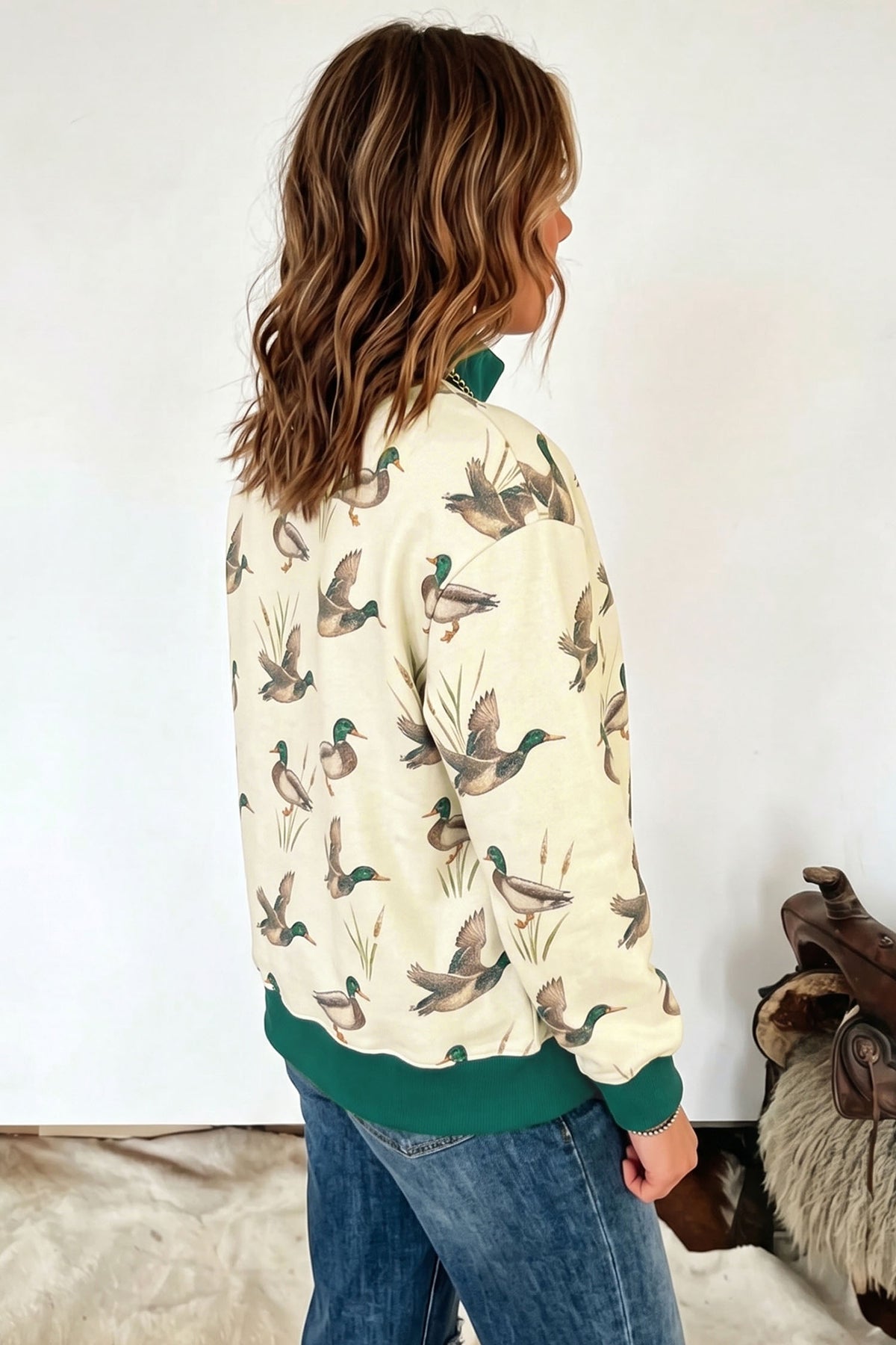 Multicolour Mallard Print Patchwork Colorblock High Neck Sweatshirt PREORDER ETA 3 WEEKS